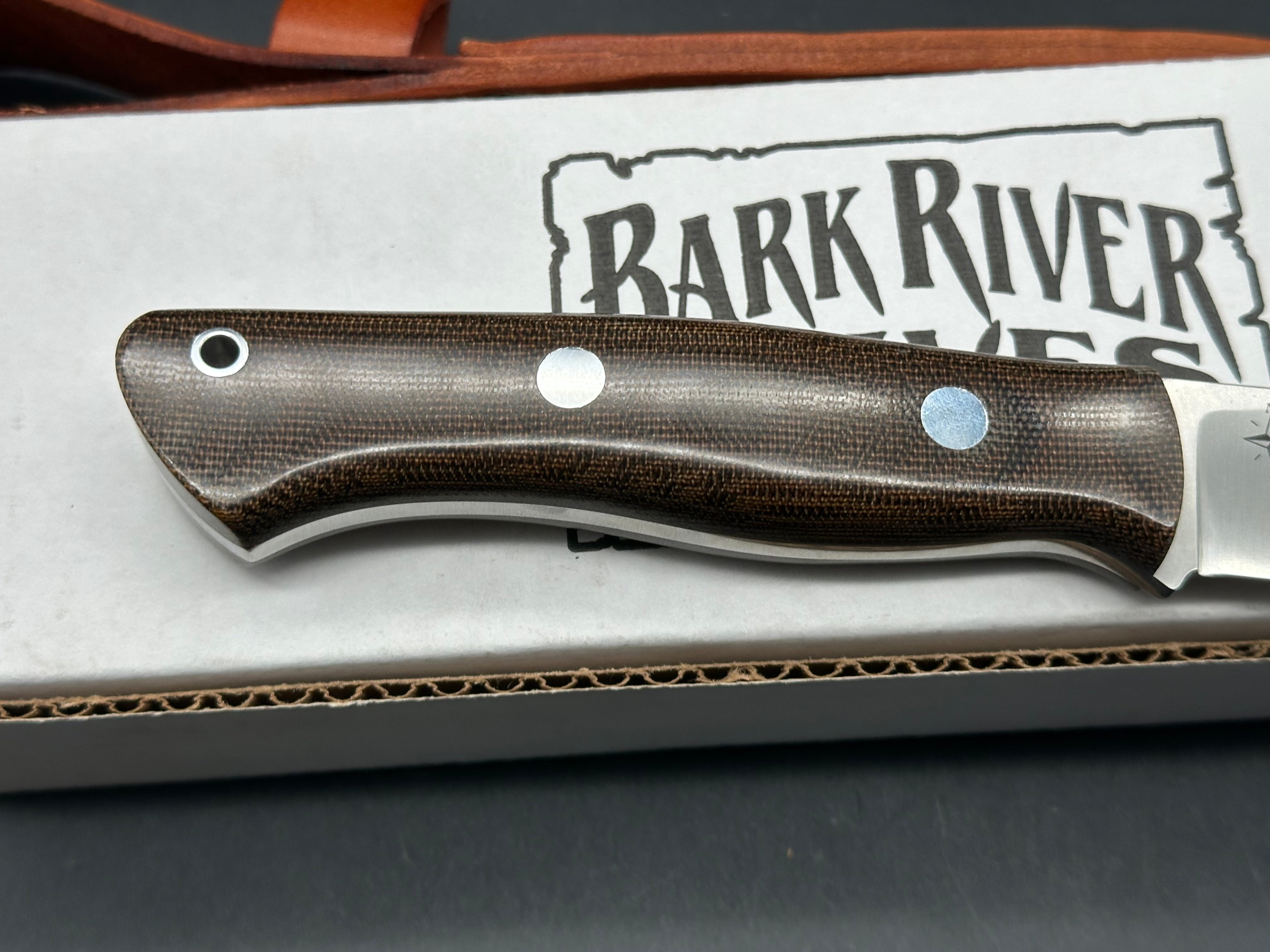 Bark River Aurora Knife with Green Canvas Micarta Scales & A2 Tool Steel Blade - Hunting, Camping, Outdoor Survival Gear with Brown Leather Sheath