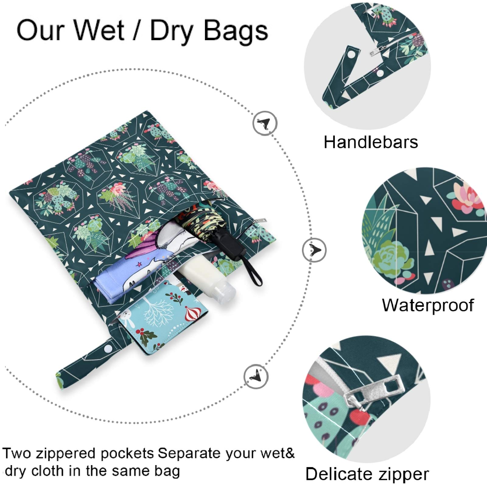 Visesunny Classic Cactus 2-Piece Wet Dry Bag Set with Zipper Pockets - Waterproof Reusable Storage for Travel, Beach, Pool, Gym & Daycare - Perfect for Wet Swimsuits, Dirty Clothes, Diapers & Toiletries - Ideal for Baby Stroller, Sports & Outdoor Activities