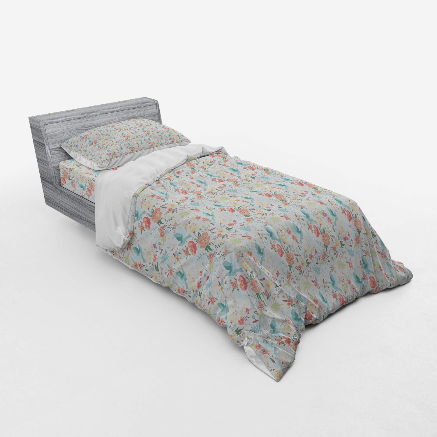 Ambesonne Birds Duvet Cover Set - Blue Flying Pigeons with Flowers Among Lilies, Tulips & Roses | 3-Piece Twin Size Bedding Set with Sham & Fitted Sheet | Perfect for Kids' Rooms, Guest Bedrooms & Bohemian Decor