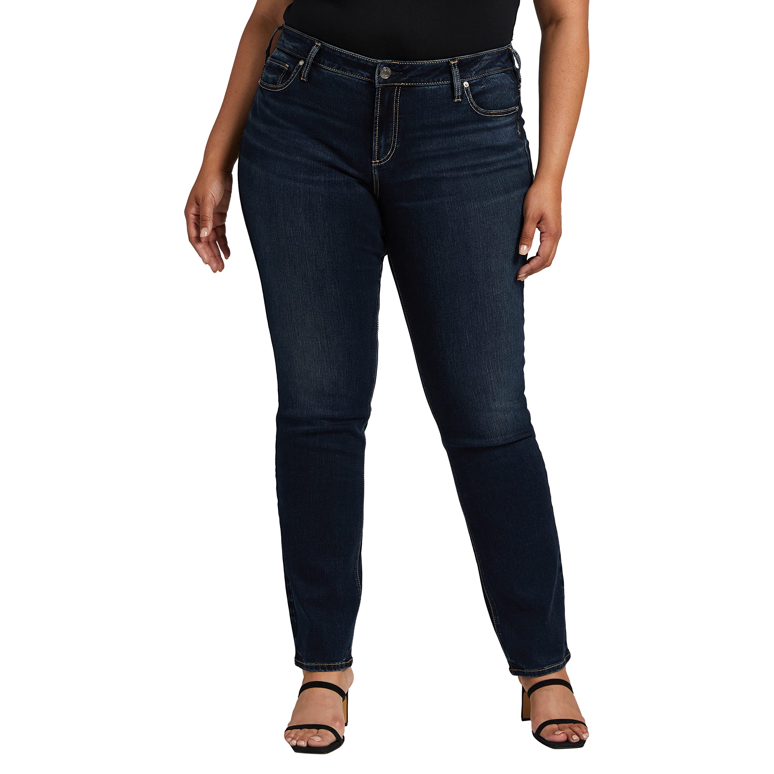 Silver Jeans Co. Women's Plus Size Elyse Mid Rise Straight Leg Jeans - Comfortable Stretch Denim Pants for Casual Wear & Everyday Outfits