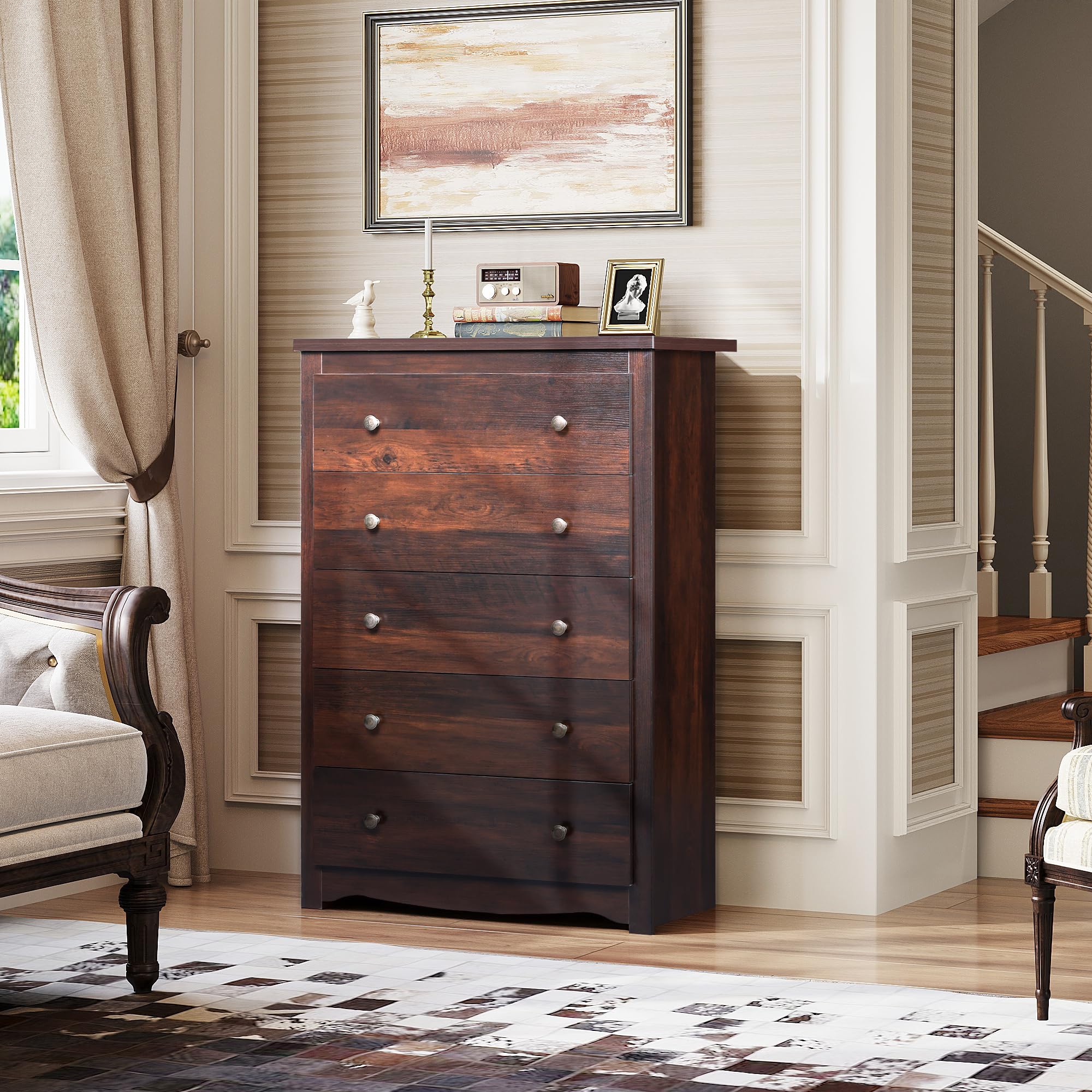 WLIVE 5-Drawer Wooden Dresser for Bedroom - Solid Wood Chest of Drawers with Spacious Storage, 15.7