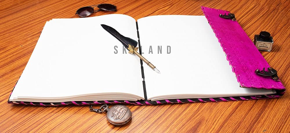 Handmade Leather Journal Book - Seven Chakra Embossed Medieval Stone Design, 10x13 Inch Pink Notebook for Office, College, Poetry & Sketching | Perfect Book of Shadows, Diary & Gift for Writers & Artists
