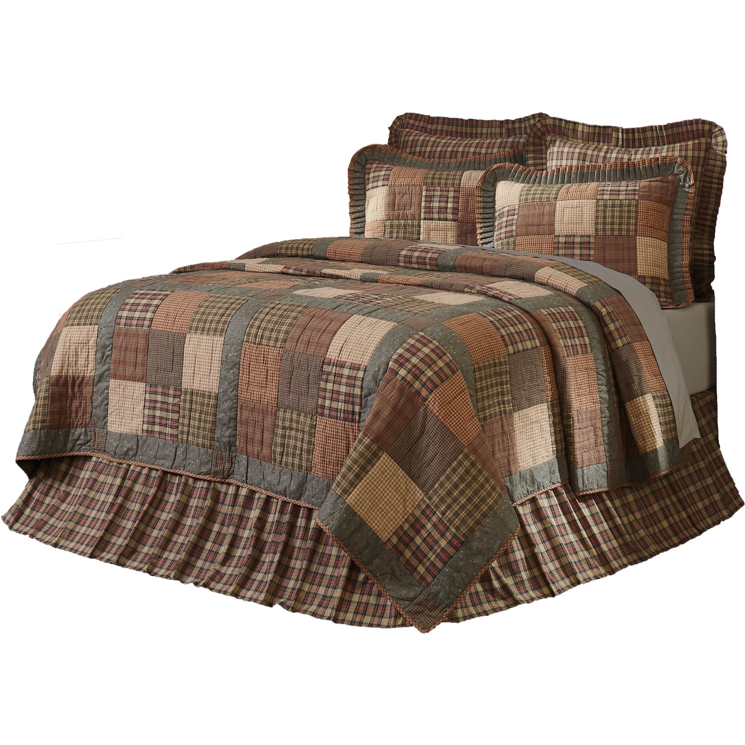 VHC Brands Crosswoods Patchwork Cotton Primitive Bedding Pre-Washed California King Quilt - Dark Olive Green | Rustic Farmhouse Decor for Master Bedroom & Guest Room