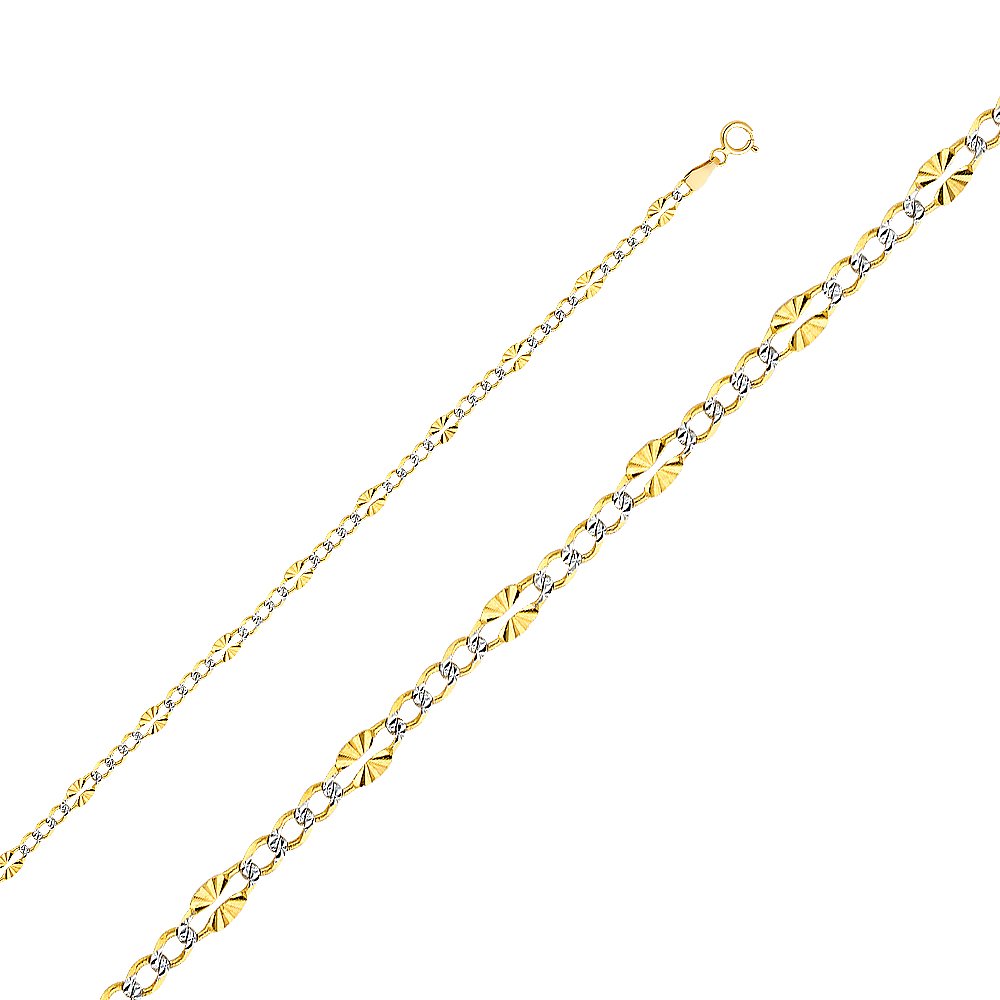 14K Real Yellow Gold Solid Men's 3.5mm Figaro Chain Bracelet with 3+1 White Pave Diamond Cut - 7.5