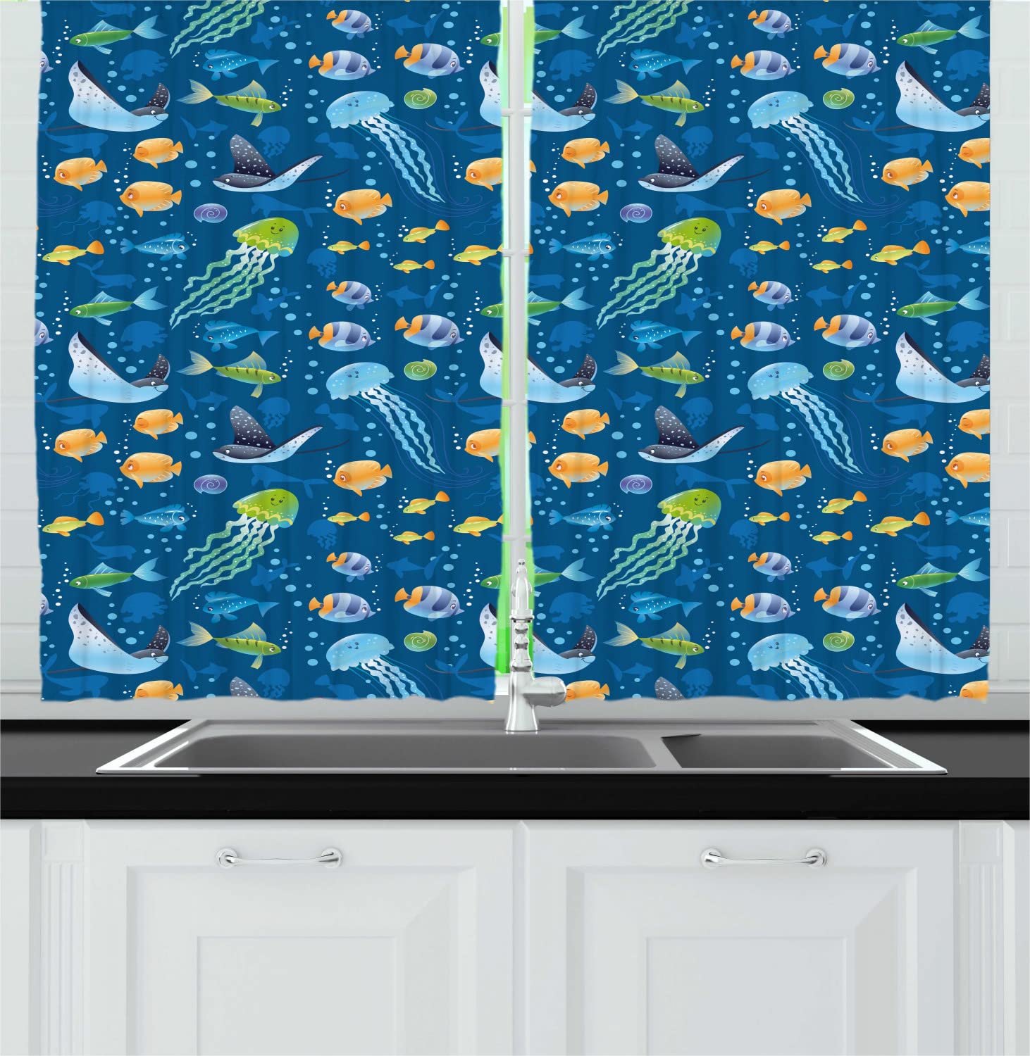 Ambesonne Under The Sea Long Kitchen Curtains - Fish, Turtle & Ocean Creatures Design with Bubbles - 2 Panel Rod Pocket Drapes for Coastal Decor - 55