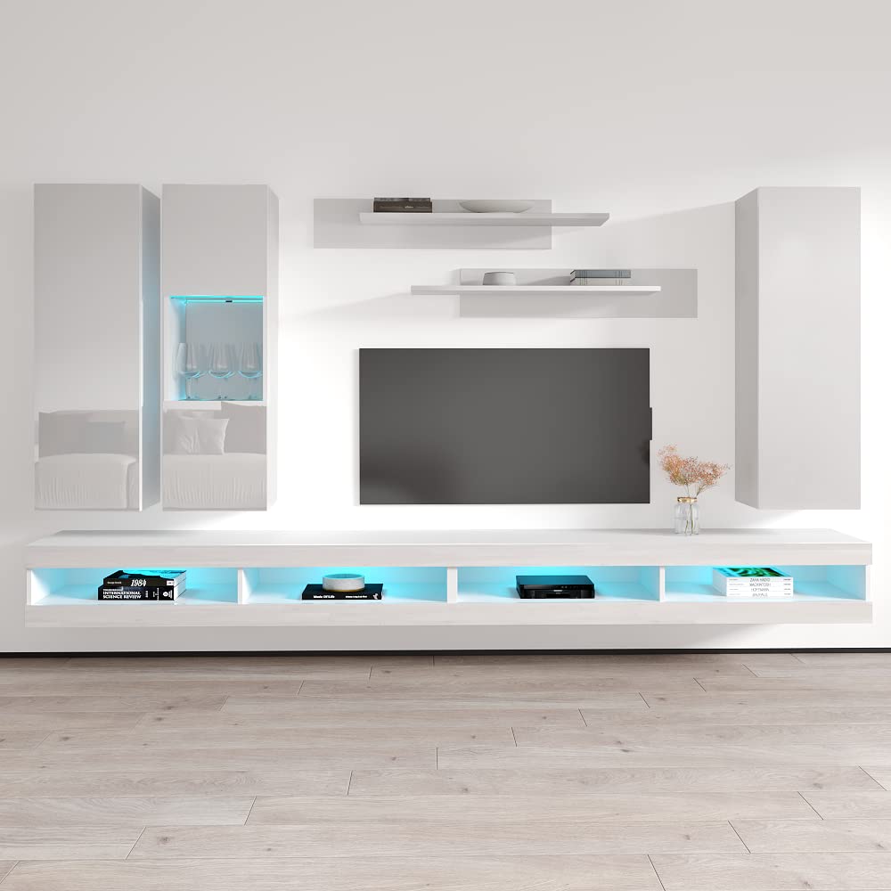 Modern White Wall-Mounted TV Stand with Storage Shelves & LED Lights - Floating Entertainment Center Console for Living Room & Bedroom - Perfect for Small Spaces & Home Theater Setup - Meble Furniture Fly EF5 34TV Stand