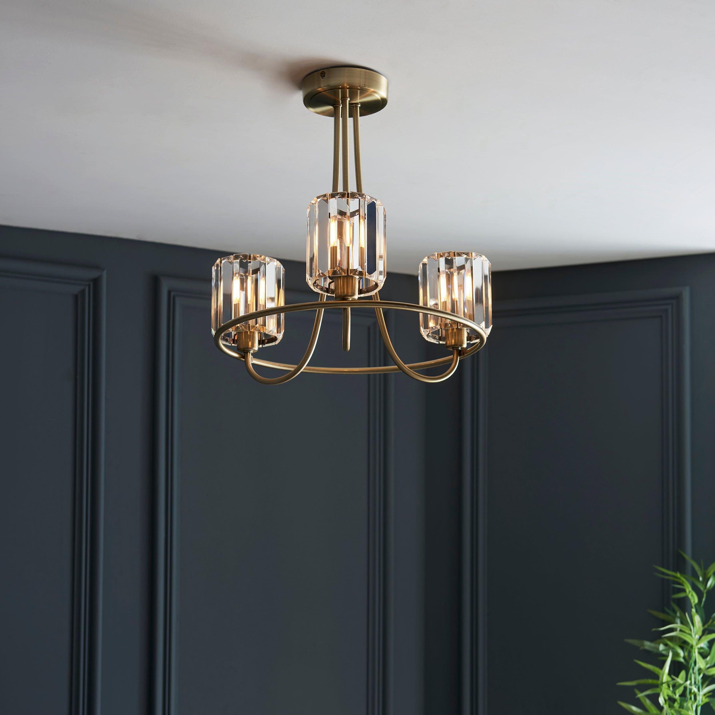 Berenice 3-Light Brass Semi-Flush Mount Ceiling Light Fixture - Elegant Lighting for Bedroom, Dining Room & Hallway