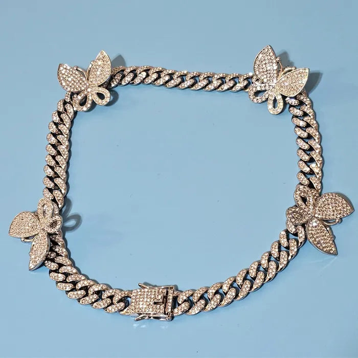 Women's Cubic Zirconia Silver Butterfly Cuban Chain Necklace & Bracelet Set - Elegant Jewelry for Parties, Weddings & Special Occasions
