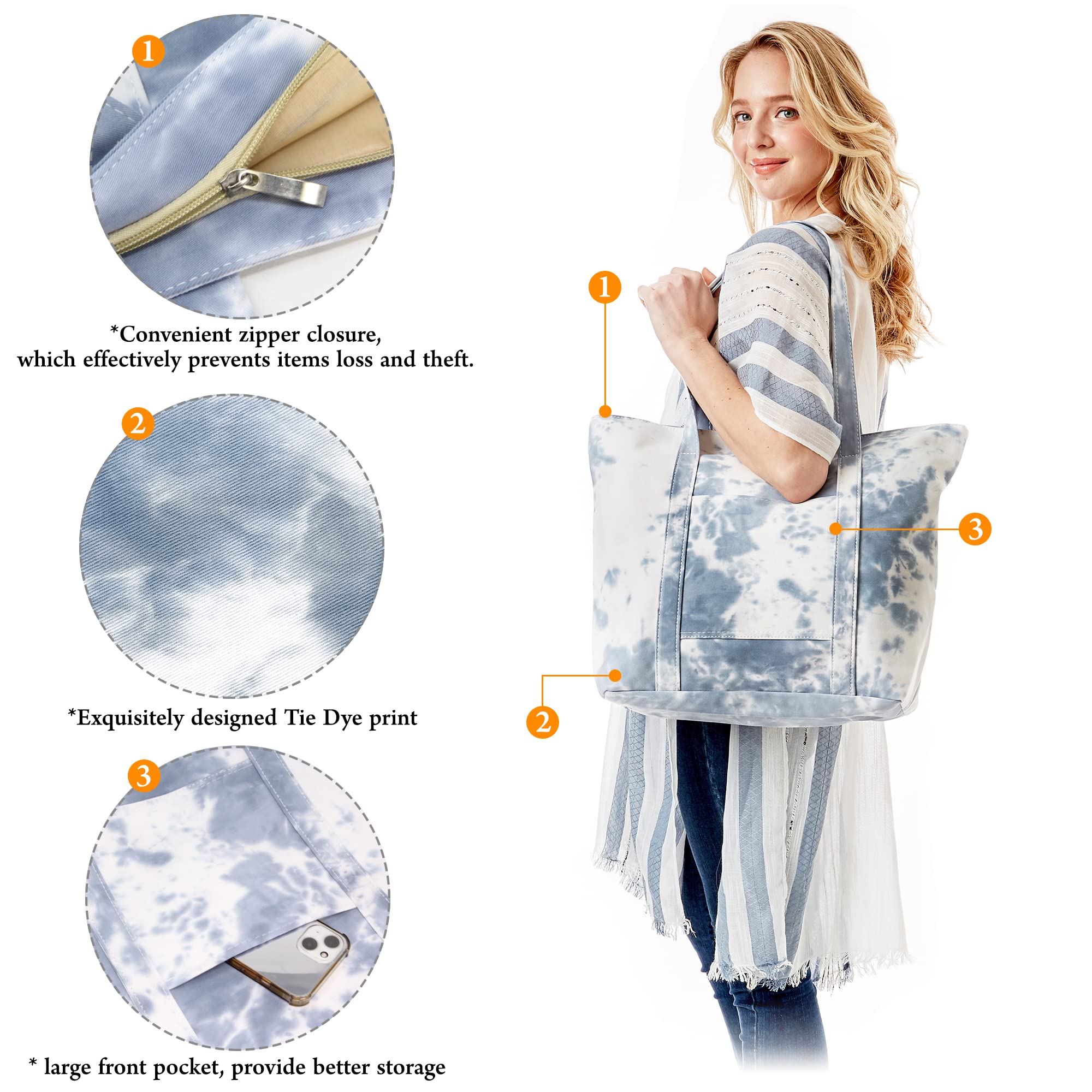 Women's Large Beach Tote Bag with External Pocket & Zipper Closure - Tie Dye Print Summer Shoulder Bag for Beach, Pool, Travel & Shopping