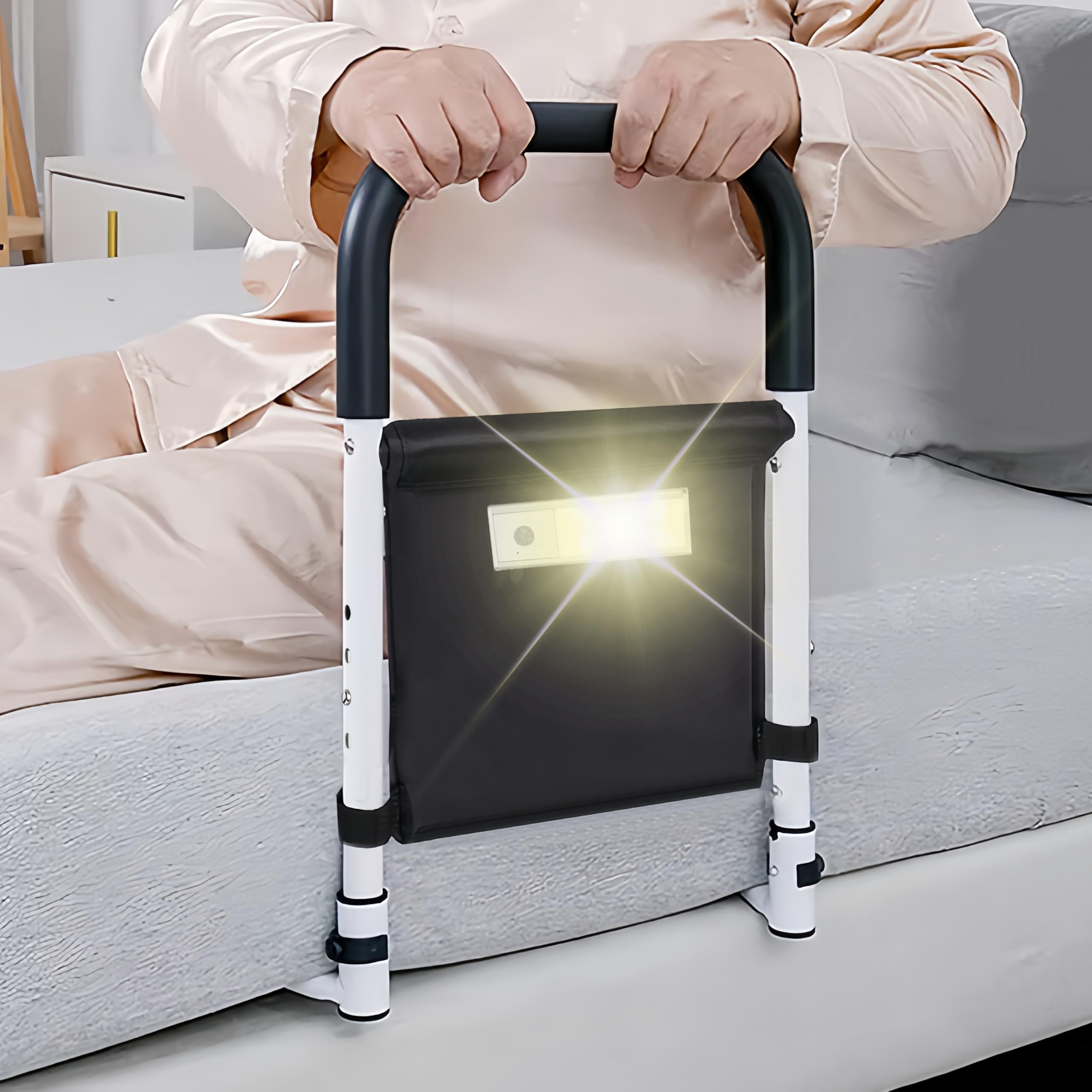 Elderly Bed Safety Rails with Motion Light & Storage Pocket - Adjustable Height Assist Handle for Queen, King, Twin & Full Size Beds - Ideal for Seniors, Home Care & Medical Use
