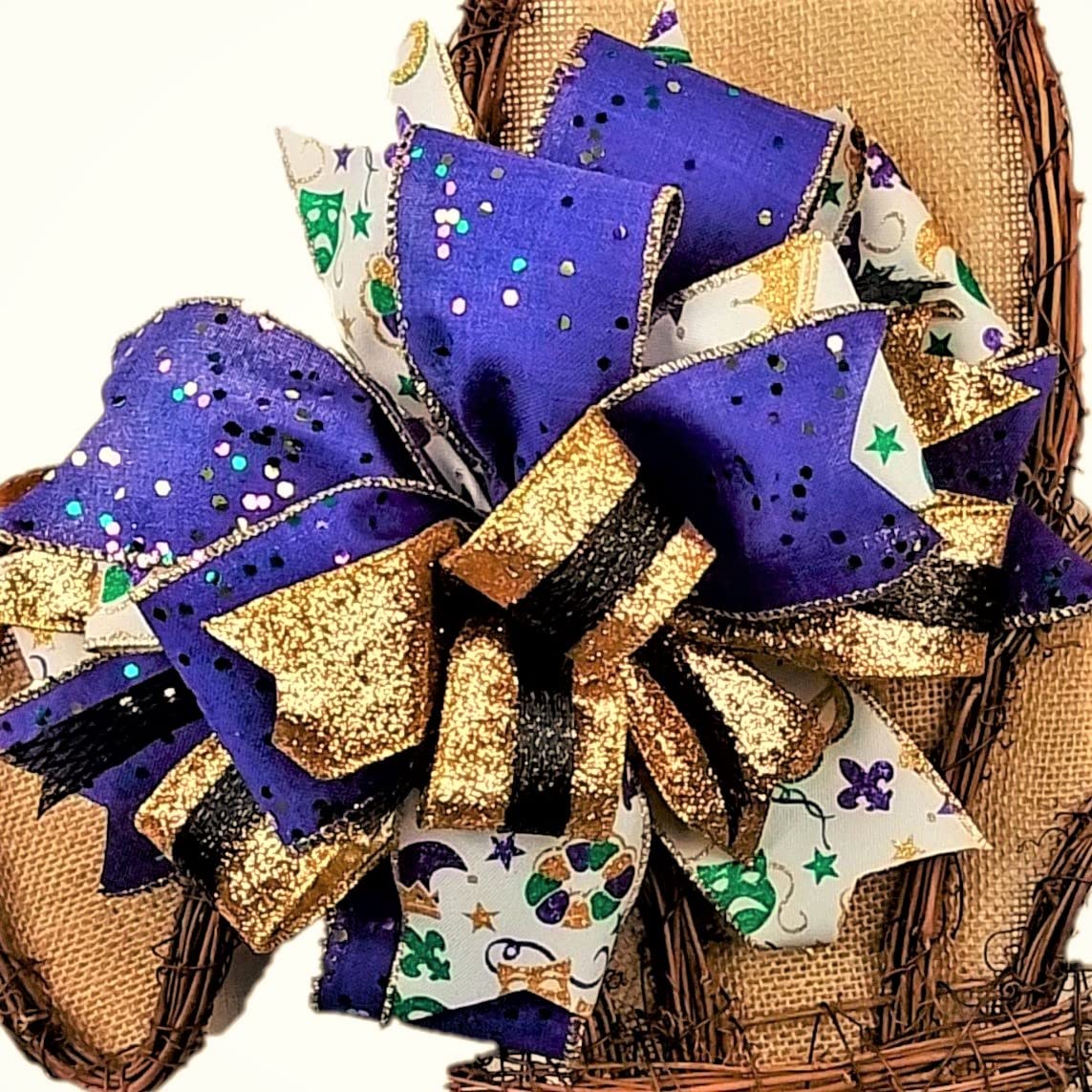 Handmade Burlap Wreath Bow Embellishment - Purple Green Gold Mardi Gras Striped Decorations (Set of 25) - Perfect for DIY Farmhouse Wreaths, Party Decor & Fat Tuesday Celebrations