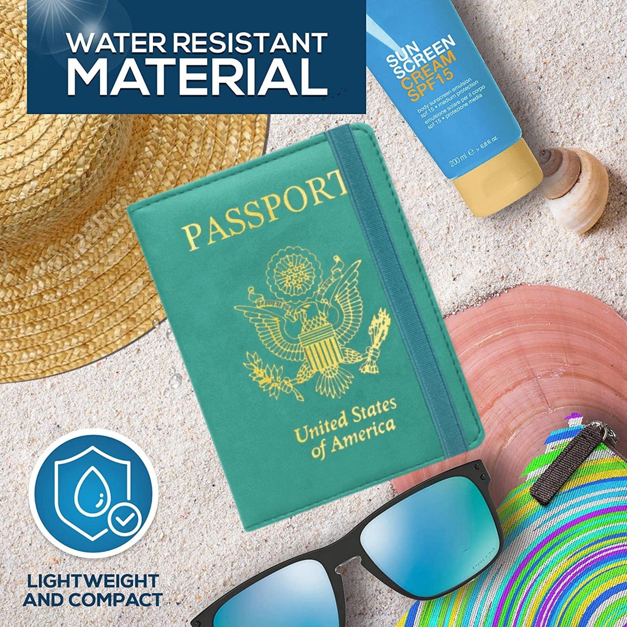 RFID Blocking Leather Passport Holder with Vaccine Card Slot - Slim Water Resistant Glitter Travel Wallet for Men & Women (Aqua) | Perfect for International Travel & Document Protection