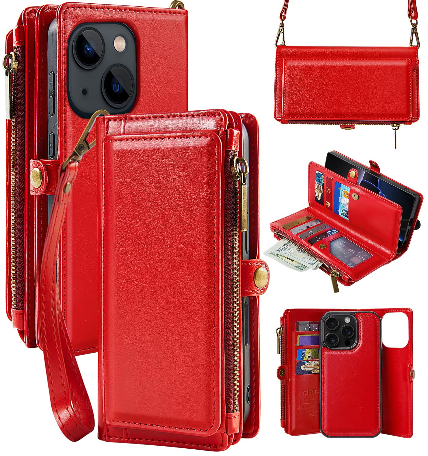 MInCYB iPhone 16 Pro Max Wallet Case with Crossbody Strap - Magnetic Detachable PU Leather RFID Blocking Card Holder for Women & Men (6.7 Inch, Red) - Perfect for Travel, Shopping & Everyday Use