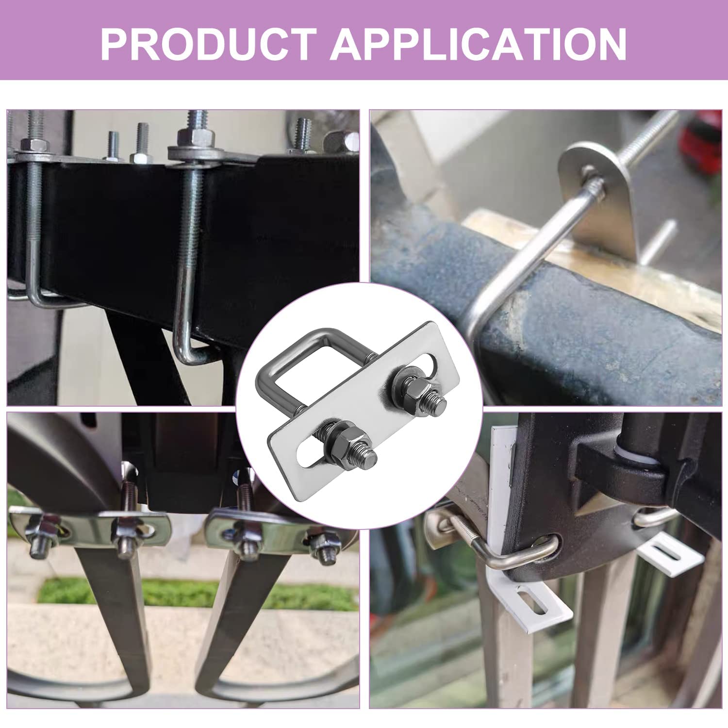 304 Stainless Steel M6 Thread Silver Square Bend U Bolts with Nuts, Washers & Frame Plate - 0.79