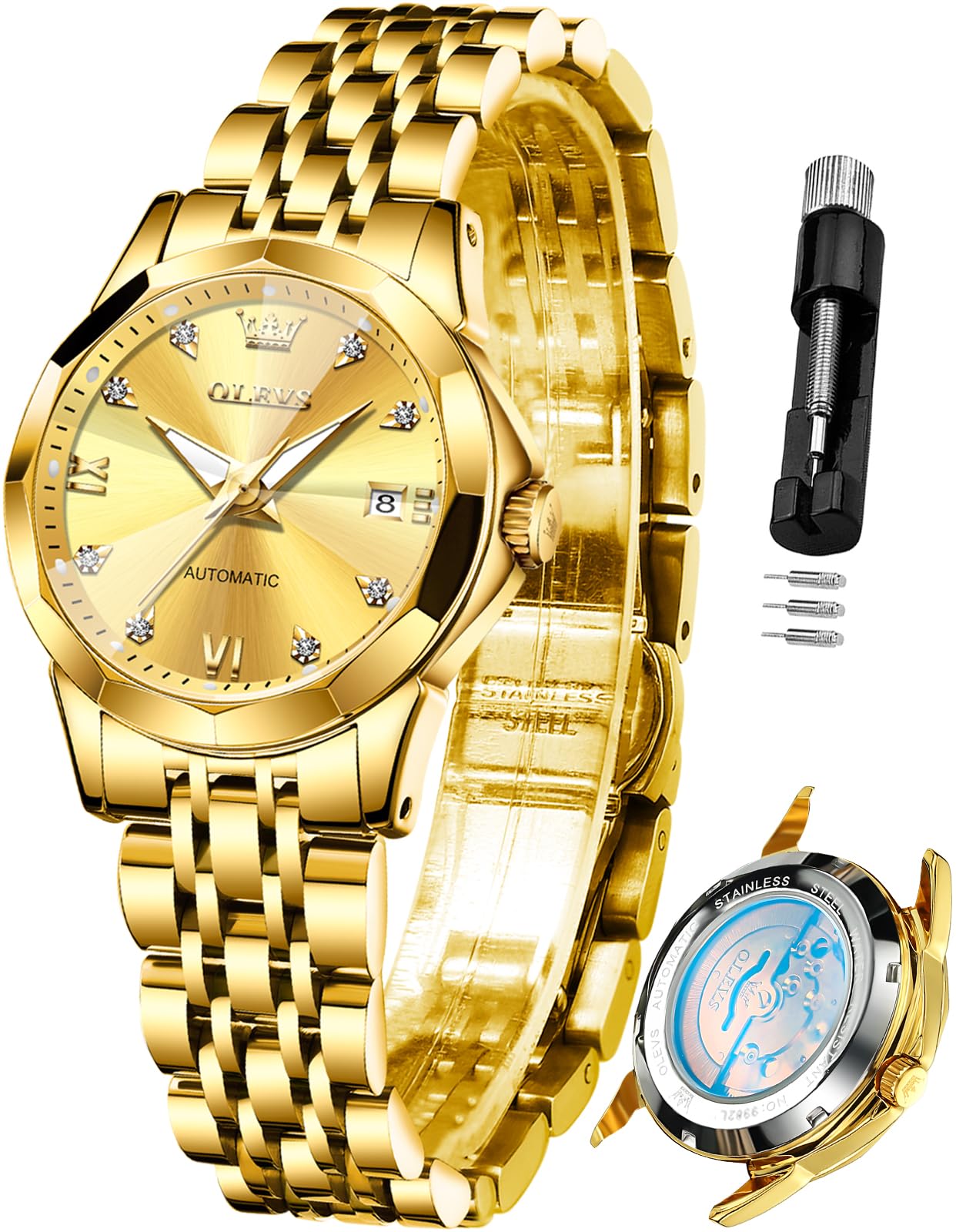 OLEVS Women's Automatic Diamond Watch - Stainless Steel Self-Winding Ladies Dress Wristwatch with Luminous Hands & Waterproof Design - Perfect for Business, Evening Events & Daily Wear