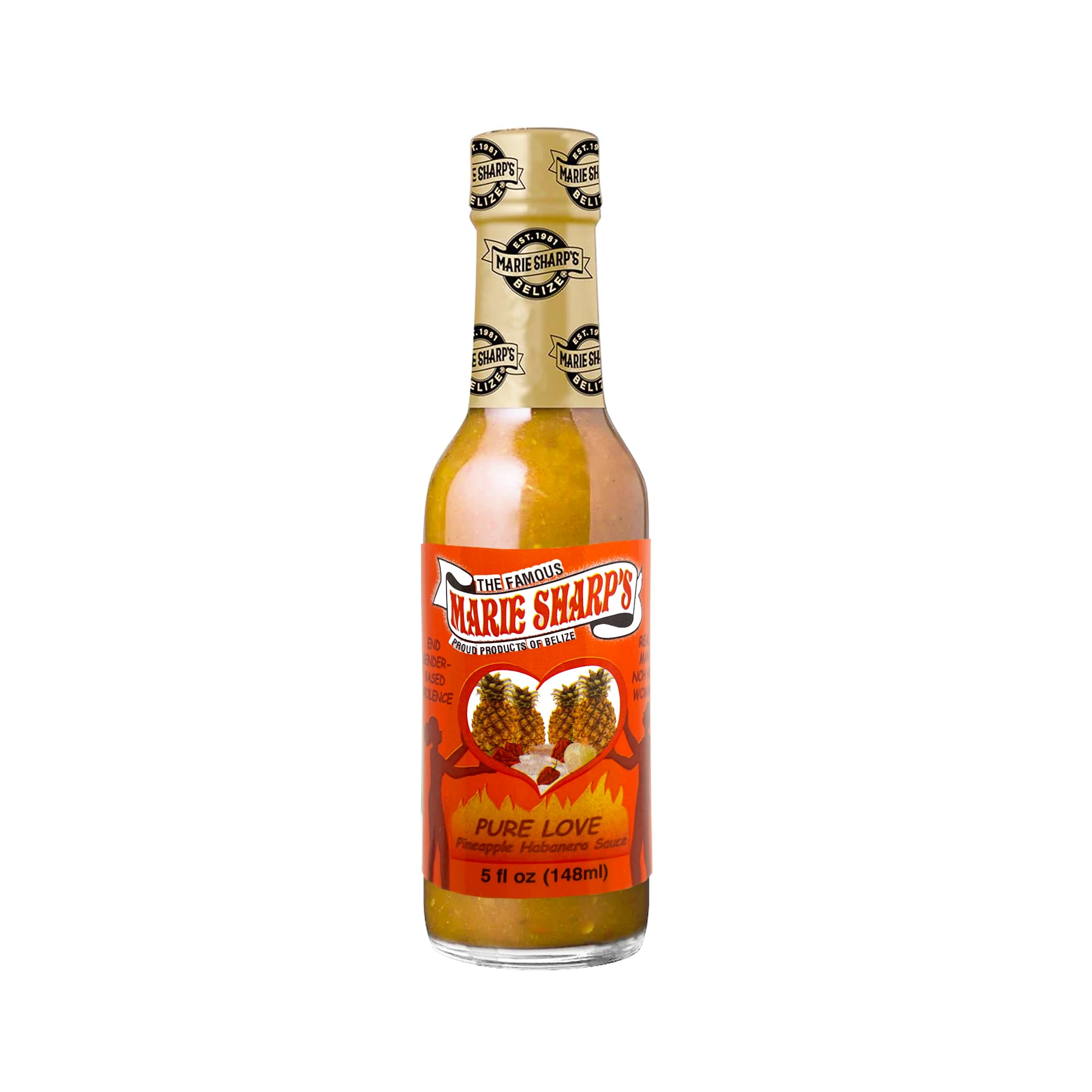 Marie Sharp's Pure Love Pineapple Habanero Hot Sauce - 5 oz Bottle | Sweet & Spicy Caribbean Flavor | Perfect for Tacos, Wings & Grilling
