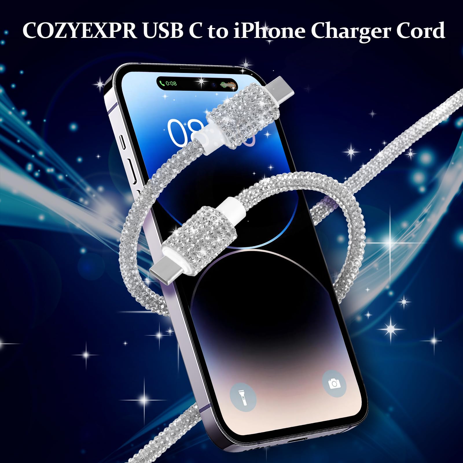 Sparkly Diamond Rhinestone USB C to USB C Cable - 3.3ft Fast Charging Cord (66W) for iPhone 15/16 Series, MacBook Pro, iPad Pro, Galaxy S24 | Perfect for Travel, Office & Home Charging