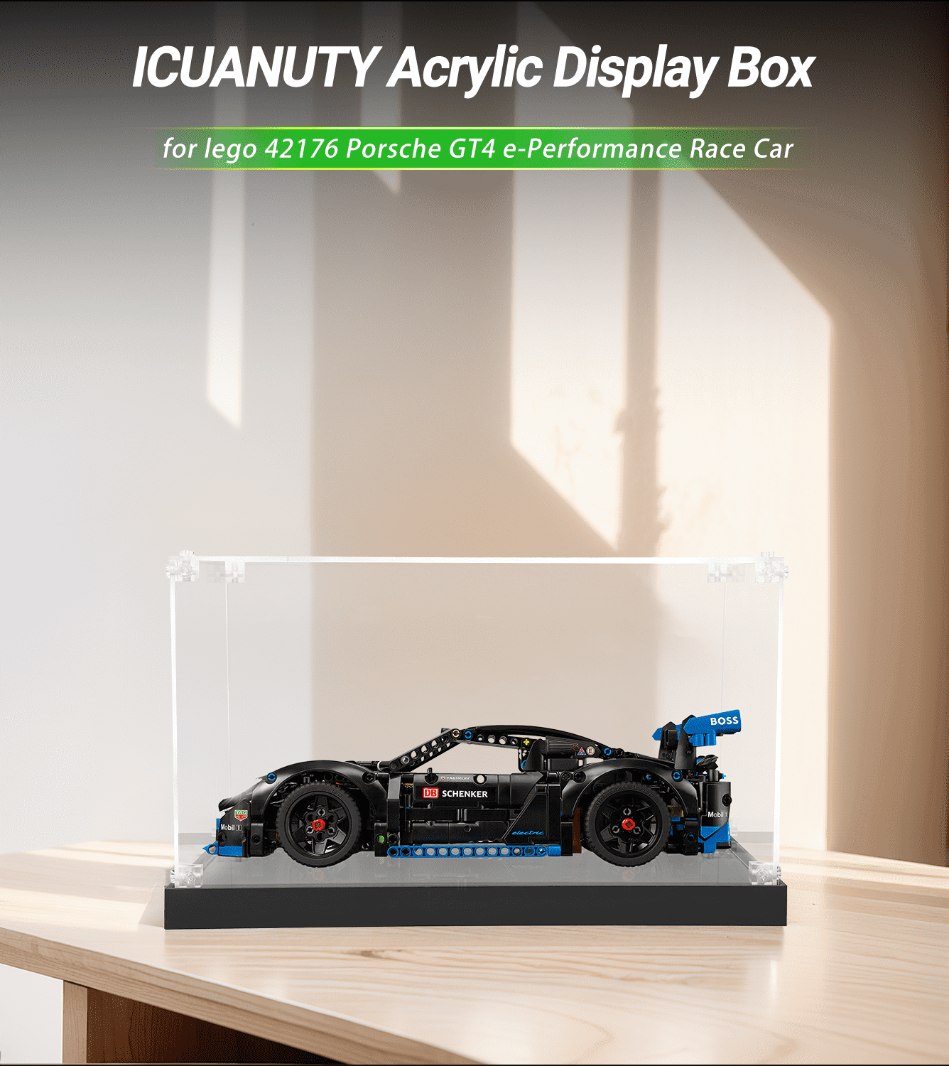 LEGO Porsche GT4 e Performance Race Car 42176 Display Case - Premium Acrylic Showcase for Collectible Model Cars - Perfect for Home Office Decor & Toy Storage