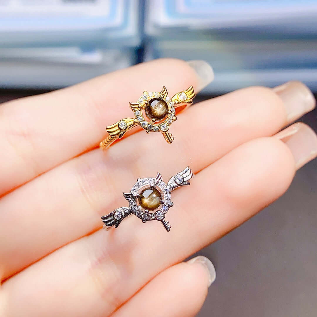 18K Gold Angel Wings Black Star Sapphire Ring for Women - Elegant Jewelry Gift for Birthday, Anniversary & Valentine's Day | NS2407