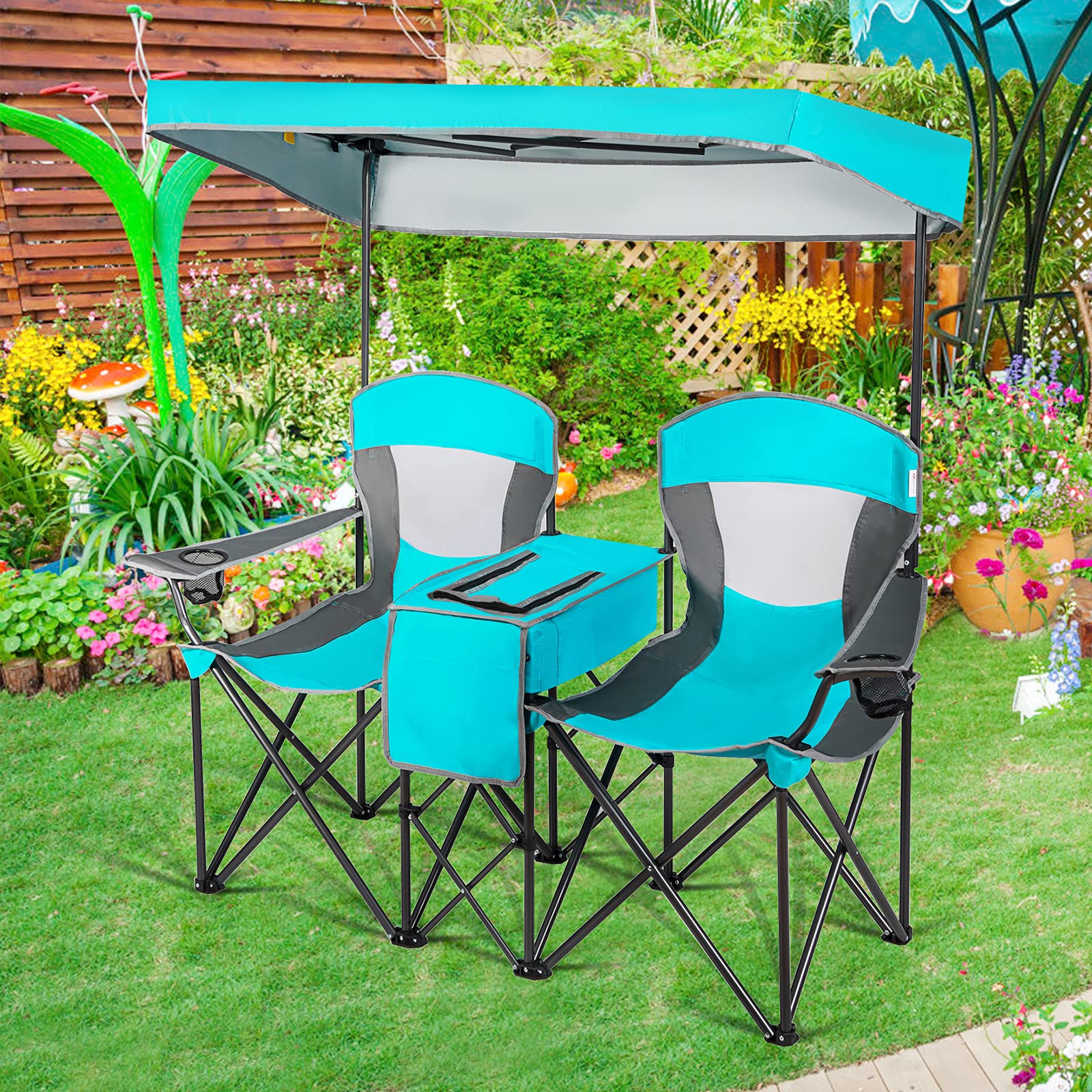 Goplus Double Beach Chair with Canopy Shade - Folding Lawn & Camping Chair with Sunshade, Mini Table, Beverage Holder & Carrying Bag - Perfect for Outdoor Travel, Hiking, Fishing, Poolside & Backyard Relaxation (Lake Blue)