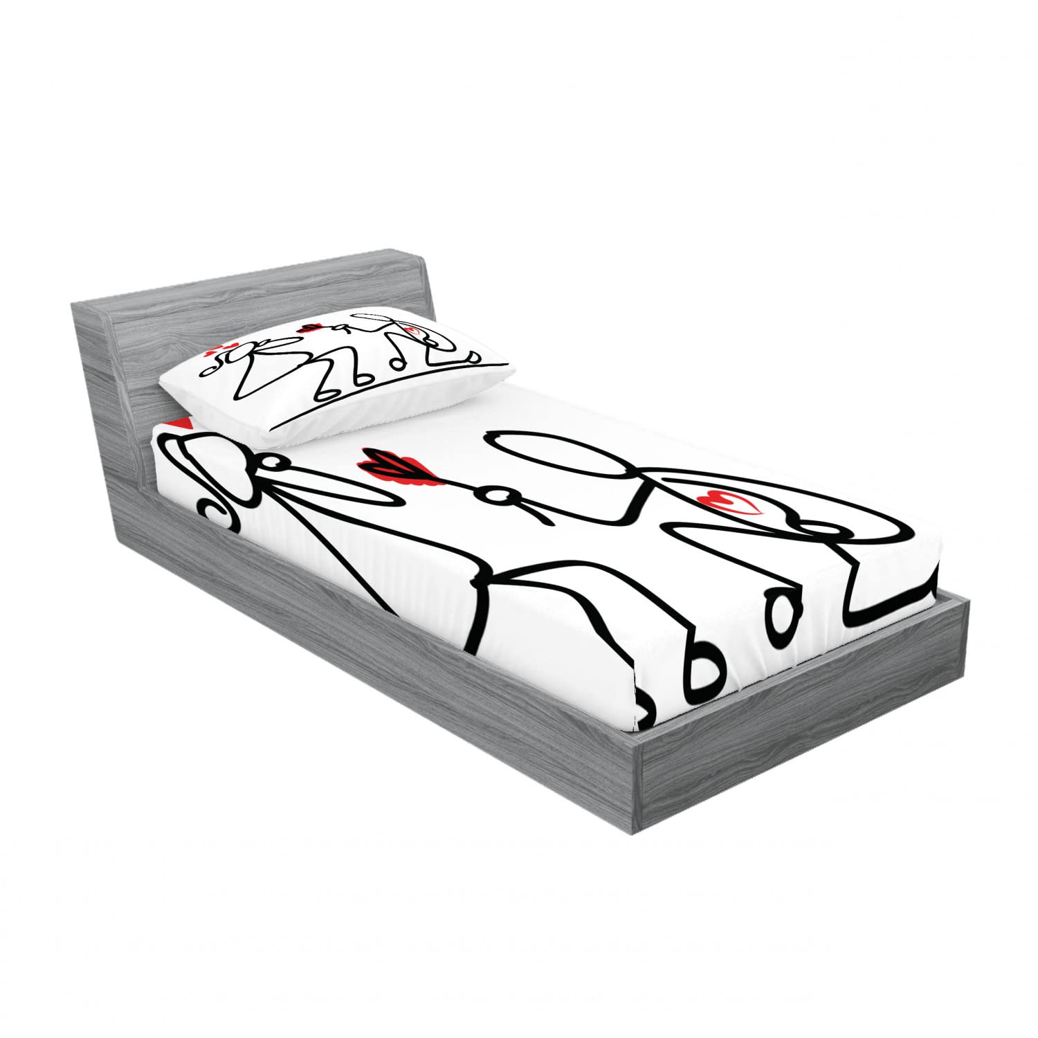 Ambesonne 2-Pack Twin Fitted Sheet & Pillow Sham Set - Black White Red Sketchy Wedding Proposal Bedding Decor (4-Piece Set) | Perfect for Guest Rooms, Dorm Decor & Romantic Bedroom Makeovers