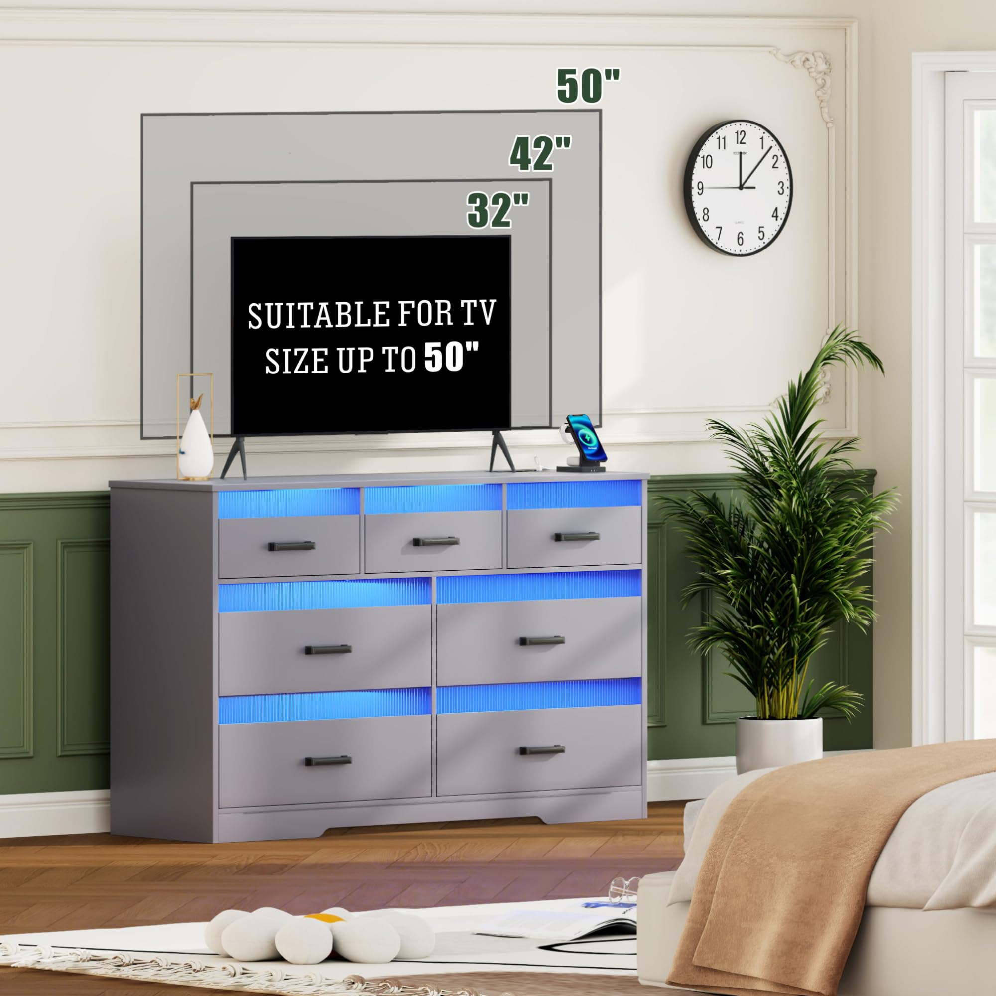 Modern Grey Wood Dresser with LED Lights & USB Charging Station - 7-Drawer Large Chest for Bedroom, Closet, Living Room or Hallway - Perfect for Organizing Clothes, Accessories & Home Decor
