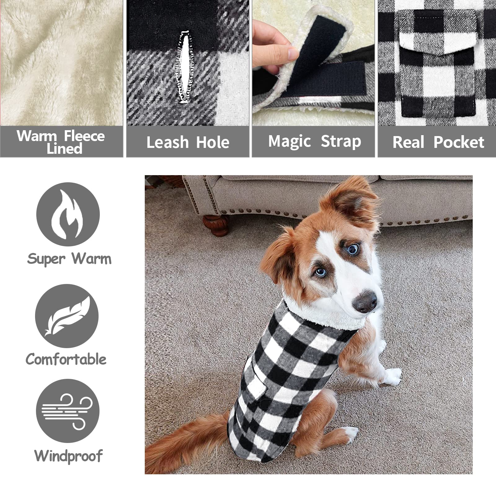 Malier Classic Plaid Fleece Dog Winter Coat - Windproof Warm Pet Jacket with Pocket for Small Medium Large Dogs | Cold Weather Apparel for Outdoor Walks & Winter Adventures (White, Small)