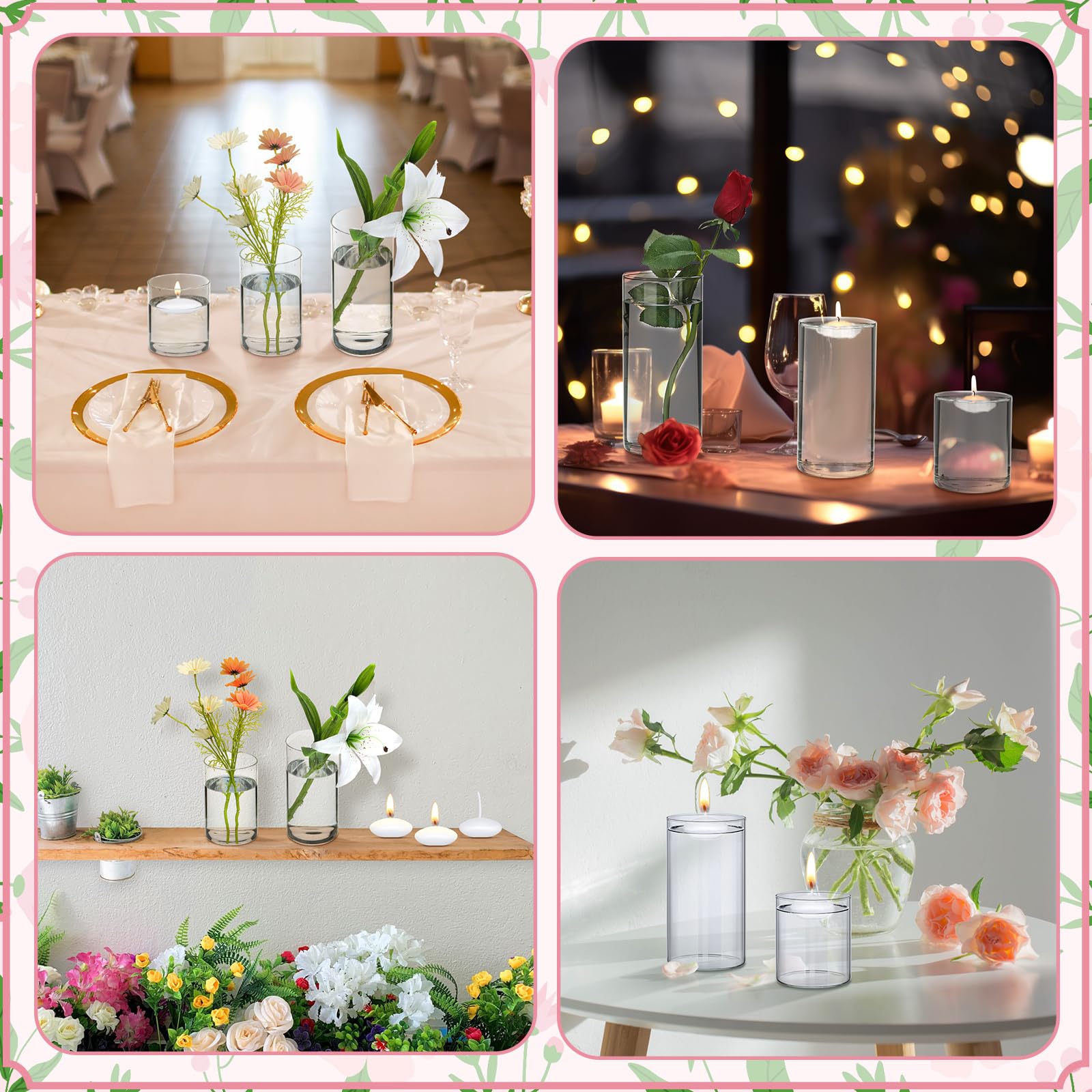 36 Pcs Clear Glass Cylinder Vase Set with Floating Candles - 4/6/8 Inch Tall Centerpiece Vases for Weddings, Parties & Home Decor - Perfect for Table Decorations, Floral Arrangements and Romantic Ambiance