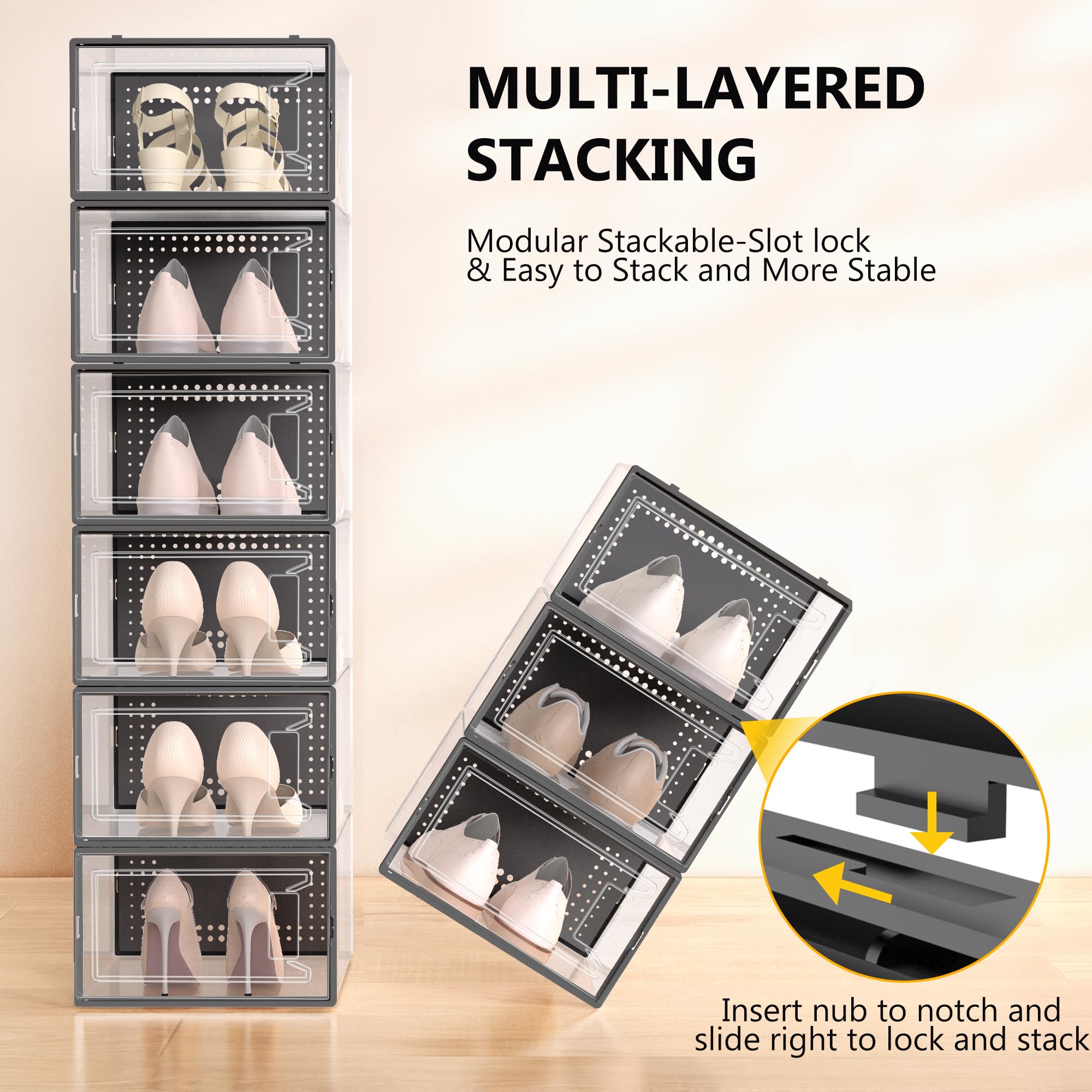 12 Pack Large Clear Plastic Shoe Storage Boxes with Lids - Stackable Modular Shoe Organizer for Closet, Space Saving Shoe Display Containers - Perfect for Sneaker Collection, Boot Storage & Closet Organization