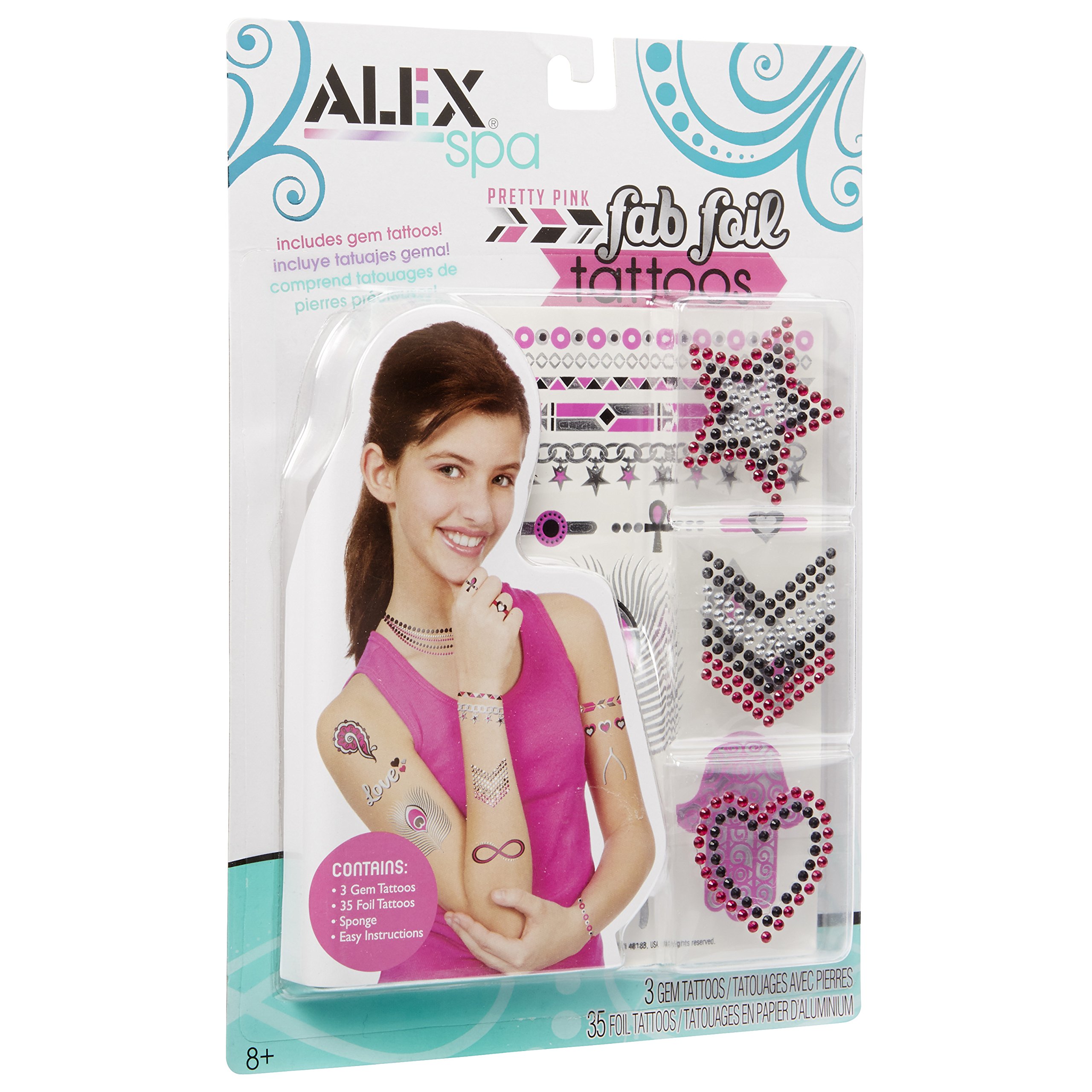ALEX Spa Fab Foil Tattoos Pink - Temporary Metallic Tattoos for Girls, Women, Teens - Perfect for Parties, Festivals, and DIY Body Art