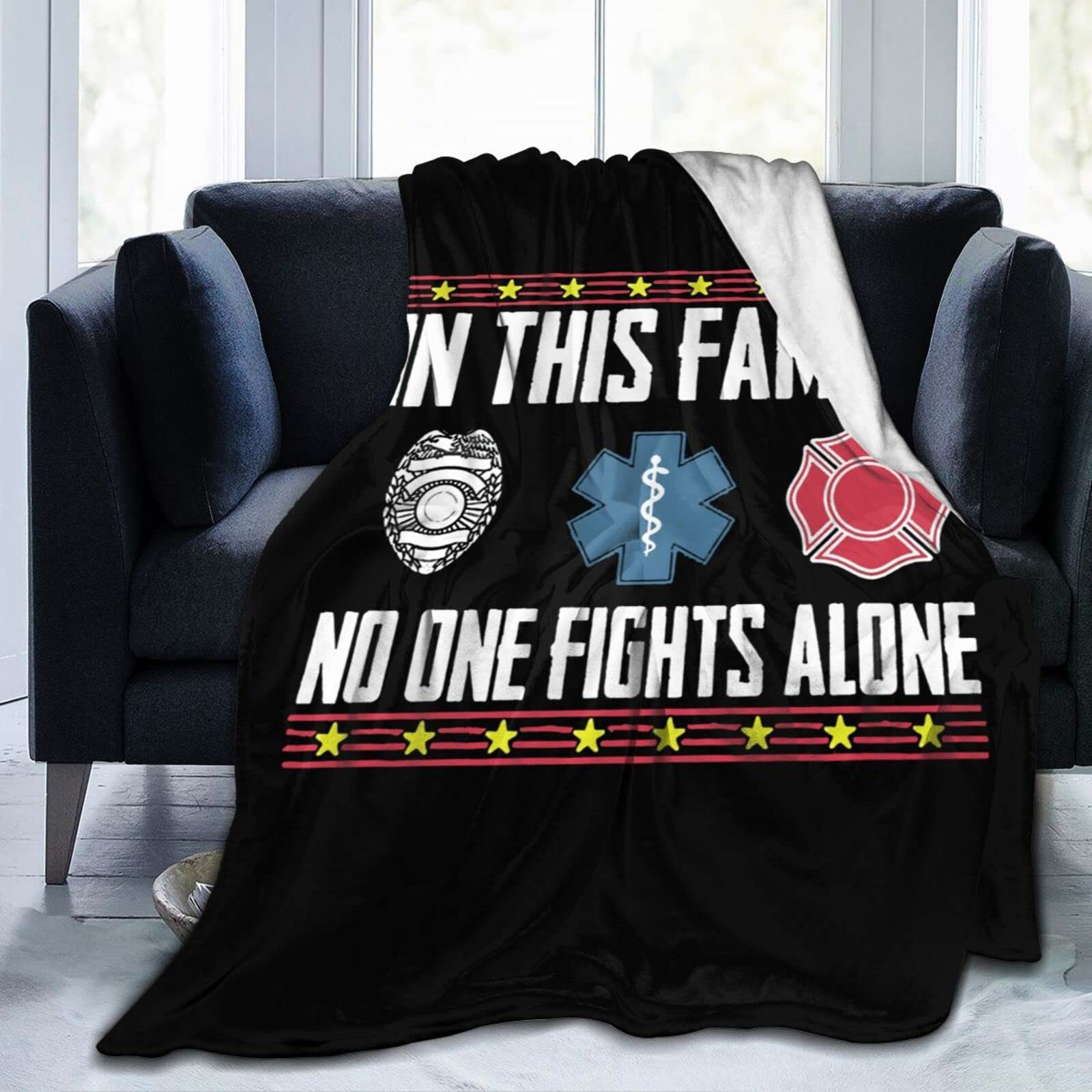 Fuevdvrri Family First Responder Throw Blanket - Soft Warm Cozy Blanket for Sofa, Bed, Couch - No One Fights Alone Inspirational Gift - Perfect for Movie Nights, Living Room Relaxation & Emergency Responder Support