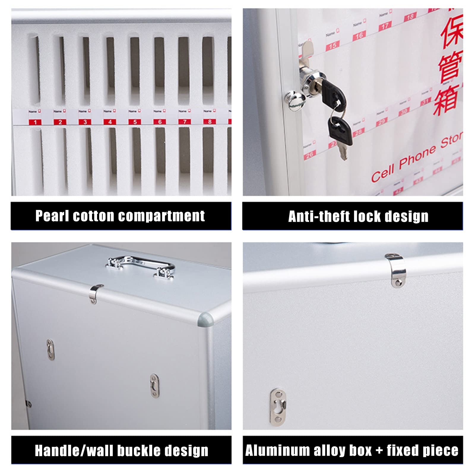 Aluminum Alloy Phone Storage Cabinet with Safety Lock & Handle - 36 Pocket Silver Organizer for Classroom, Office & Factory | Secure Device Storage Solution