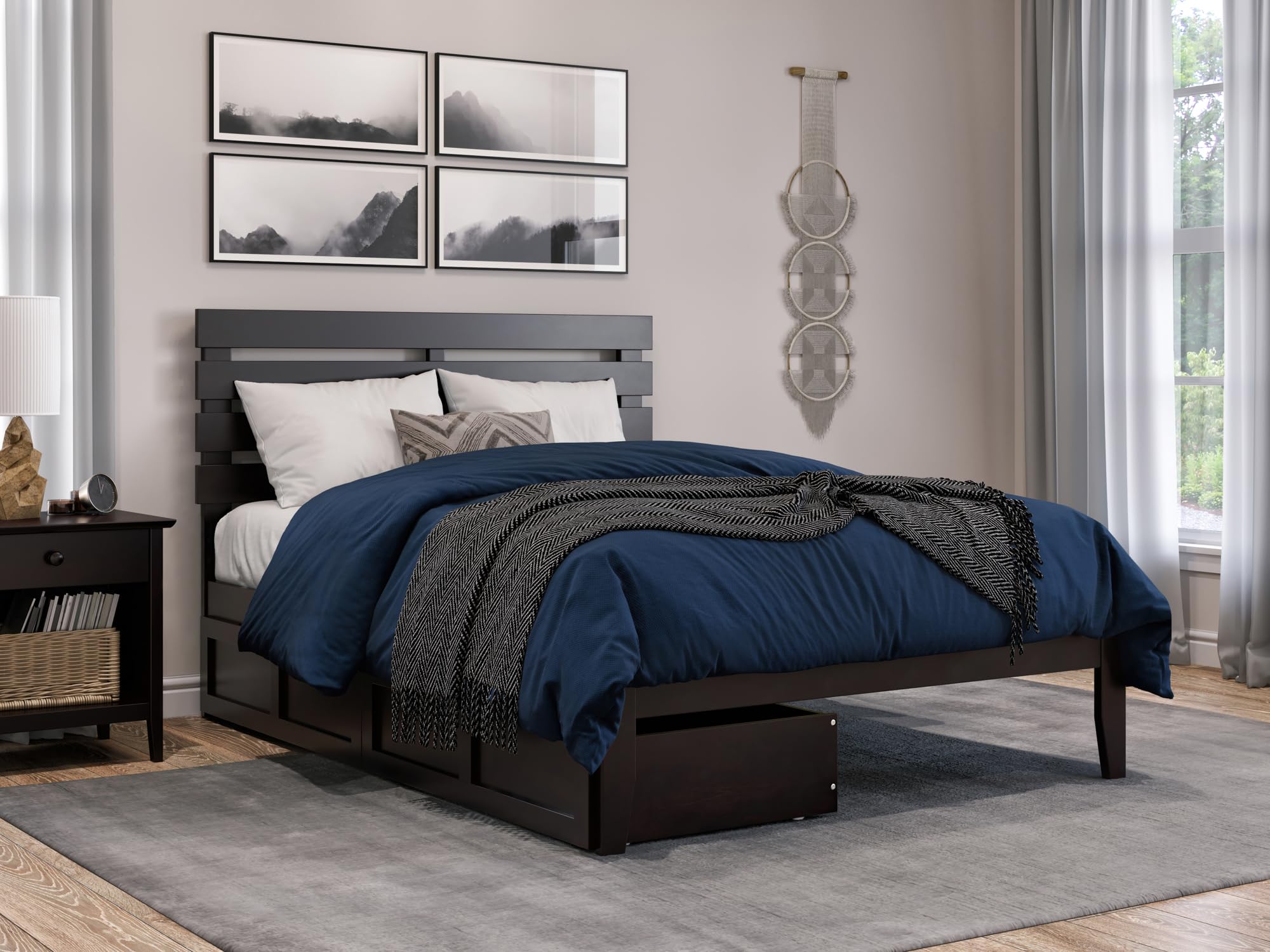 AFI Oxford Full Size Platform Bed Frame with Storage Drawers & USB Charging Station - Espresso Brown Wooden Bed for Small Spaces, Dorm Rooms & Guest Bedrooms