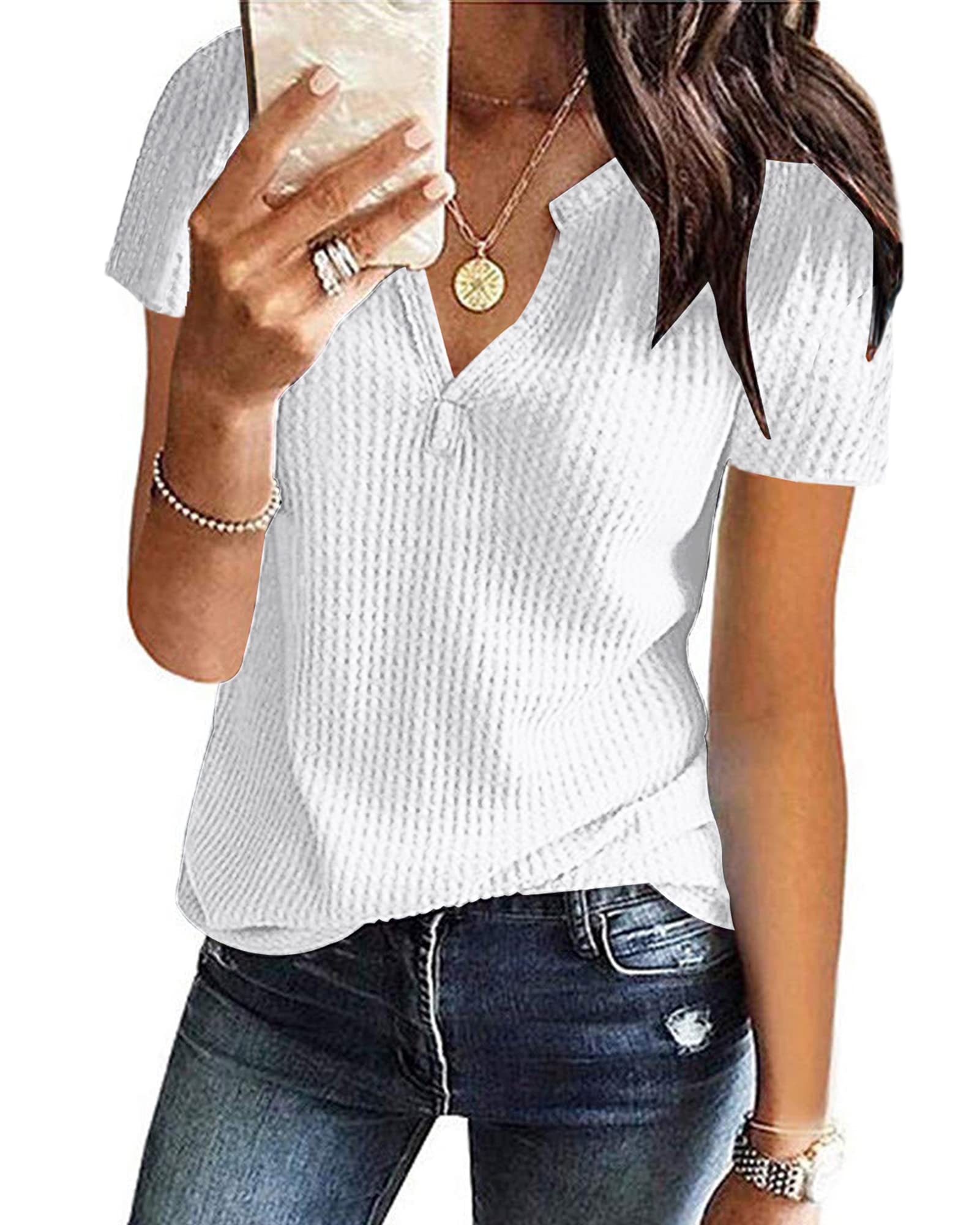 WNEEDU Women's Waffle Knit Tunic T-Shirt - V-Neck Henley Top with Short/Long Sleeve Options | Casual Loungewear & Layering Sweater for Everyday Wear