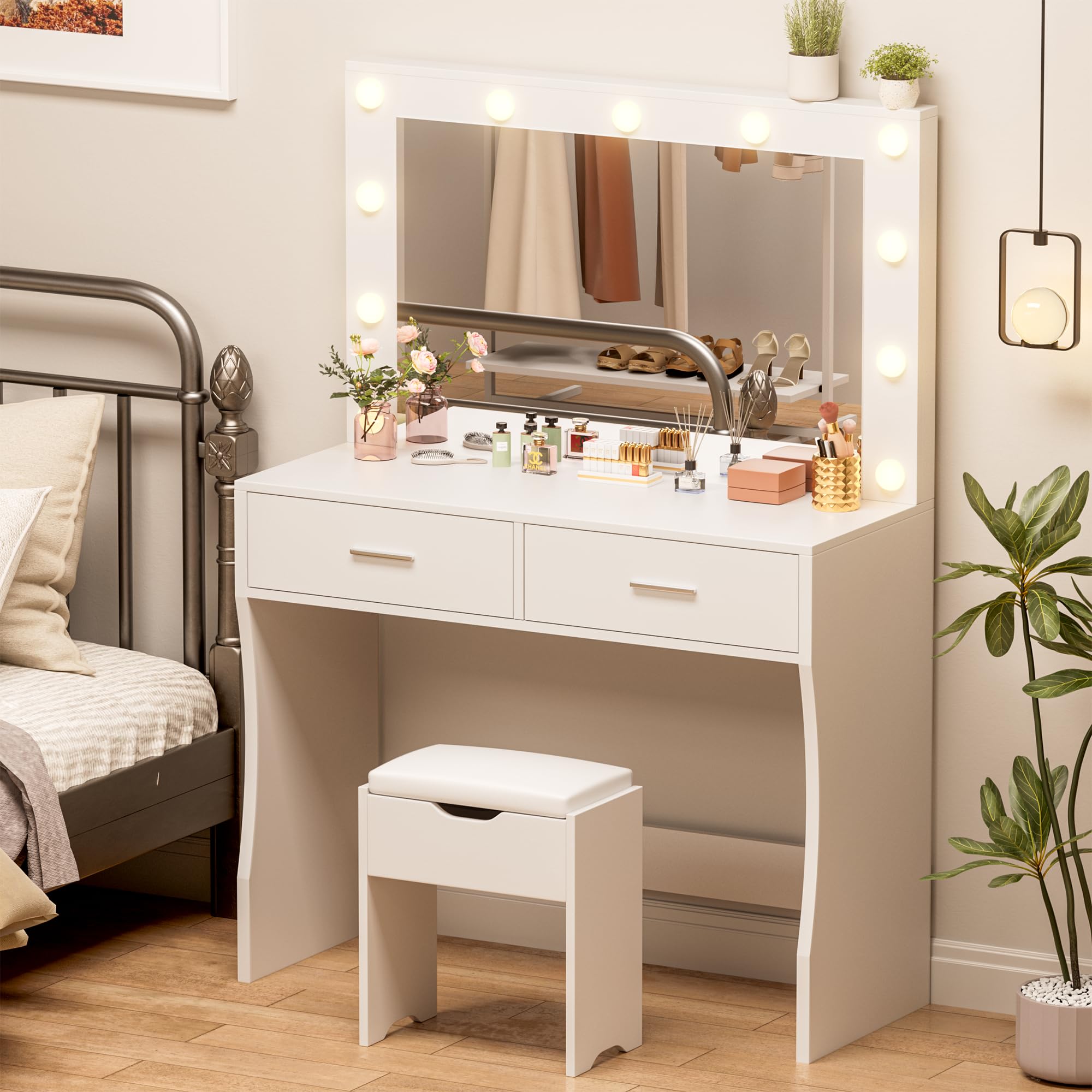 YESHOMY Vanity Desk with Mirror & Adjustable LED Lights - Makeup Dressing Table with 11 Brightness Settings, 3 Color Modes, 2 Spacious Drawers & Soft-Padded Stool - Perfect for Bedroom, Dorm, Beauty Salon (White)