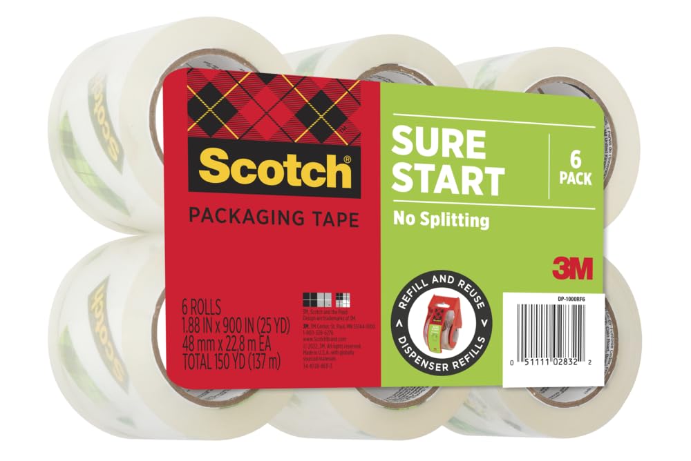 Scotch Sure Start Packing Tape - 1.88 Inch x 25 Yard, 6 Rolls, Clear Shipping Tape with Quiet Unwind & Easy Start for Moving, Packing Boxes, Sealing Packages - Home, Office & Warehouse Use