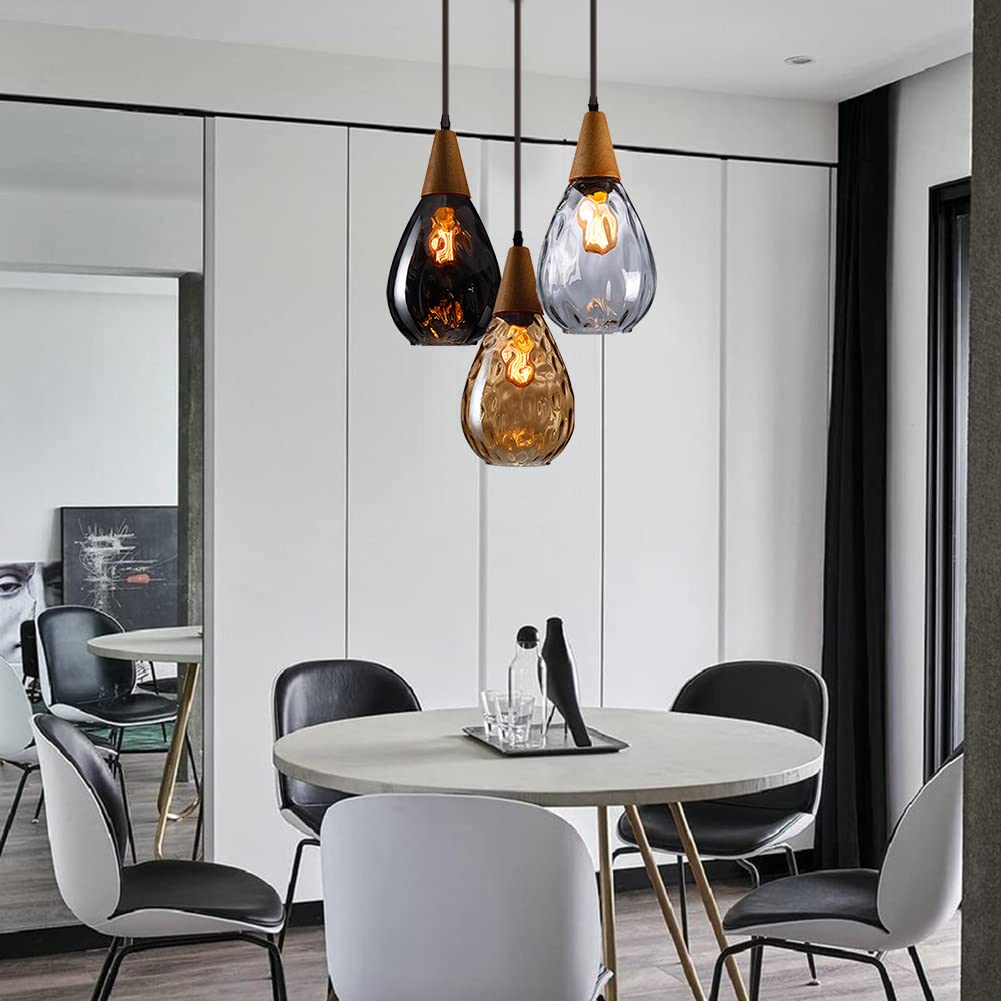 MoreChange 3-Light Cluster Glass Pendant Lighting Fixture with Water Drop Shade - Modern Kitchen Island & Dining Room Ceiling Light for Home, Bar, Restaurant Decor