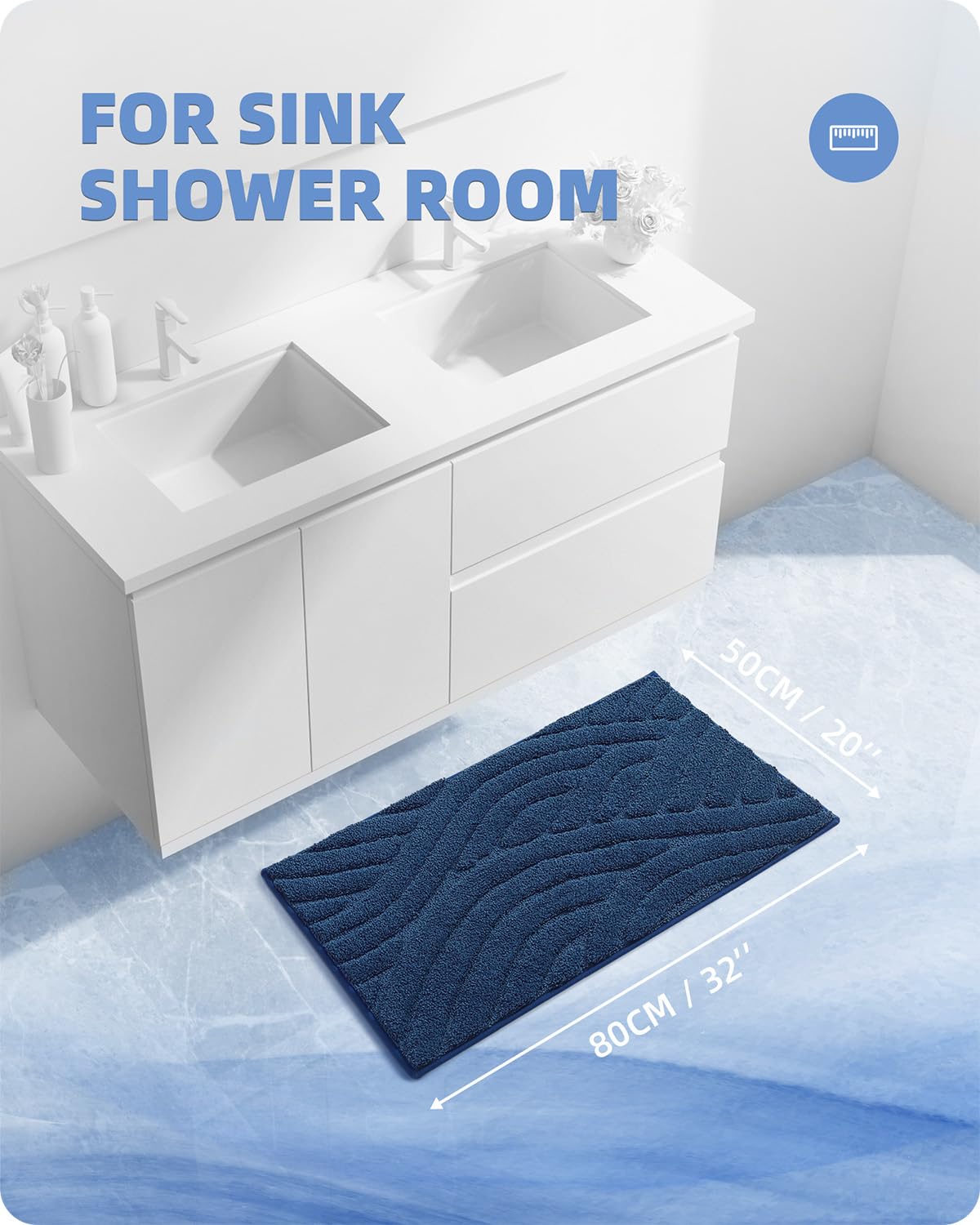 Non-Slip Navy Blue Bath Mat - Soft Absorbent Microfiber for Bathroom & Shower - 20x32 Inches