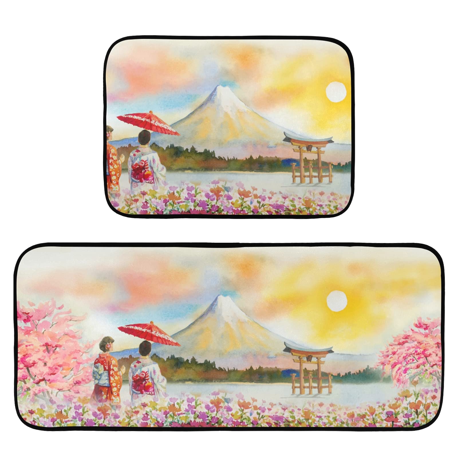 2-Piece Mount Fuji Honshu Island Japan Kitchen Rug Set - Cushioned Anti-Fatigue Mats, Non-Slip Washable Doormat Runner for Home Kitchen, Hallway, Bedroom - Perfect for Farmhouse Decor & High-Traffic Areas