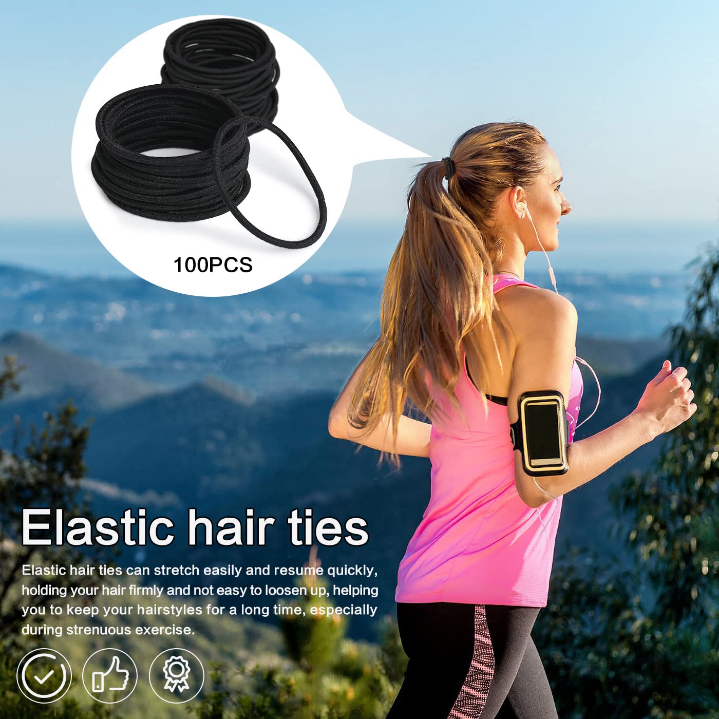 100 PCS Black Elastic Hair Bands - No Metal Ponytail Holders for Women, Men, Girls & Kids | Bulk Hair Ties for Daily Use, Sports, Work & School (Black)