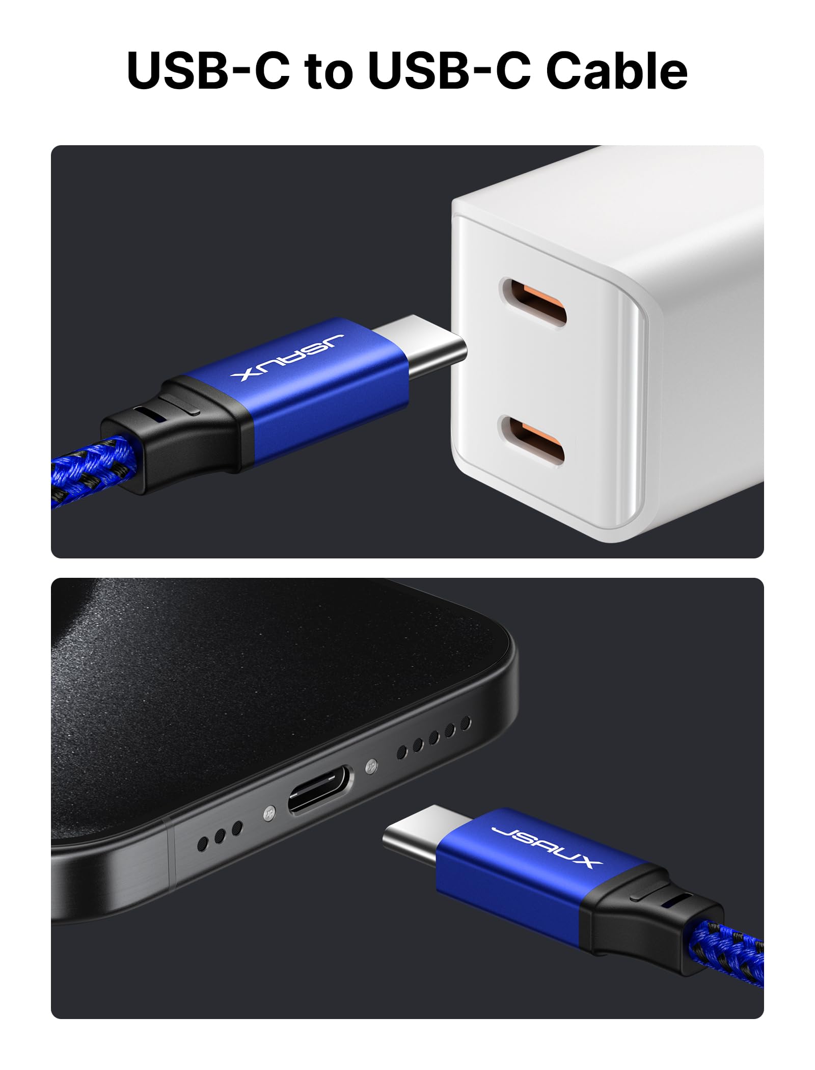 JSAUX 100W USB C to USB C Fast Charging Cable [2-Pack 10FT] - Compatible with iPhone 15 Series, Samsung Galaxy S24/S23 Series, MacBook, iPad Pro/Air - Fast PD Charging for Home, Office & Car Use - Blue