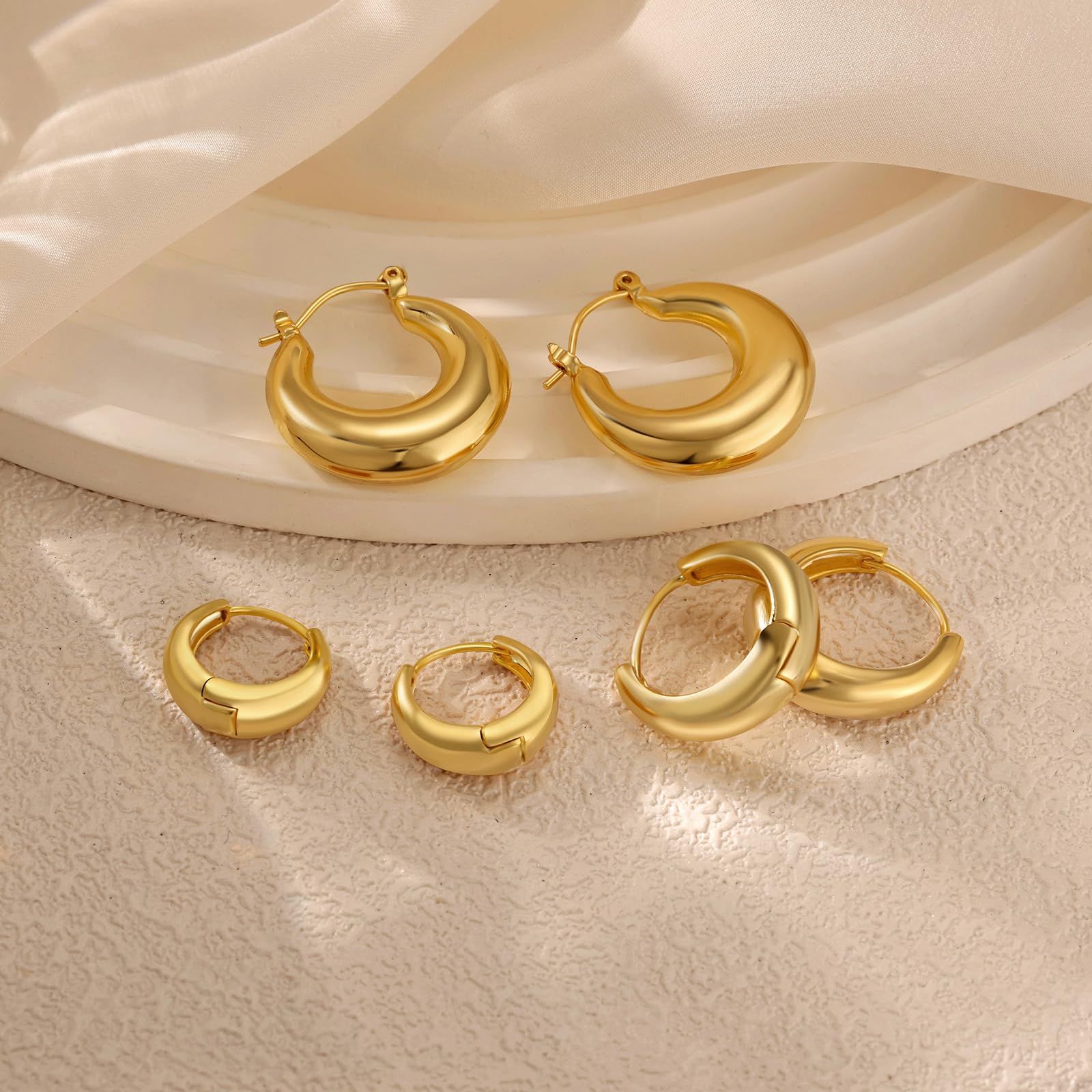 14K Gold Hoop Earrings for Women - 3 Pairs Dainty Small Huggie Hoops with CZ Stones, Trendy Minimalist Jewelry Gift for Everyday Wear, Party & Special Occasions