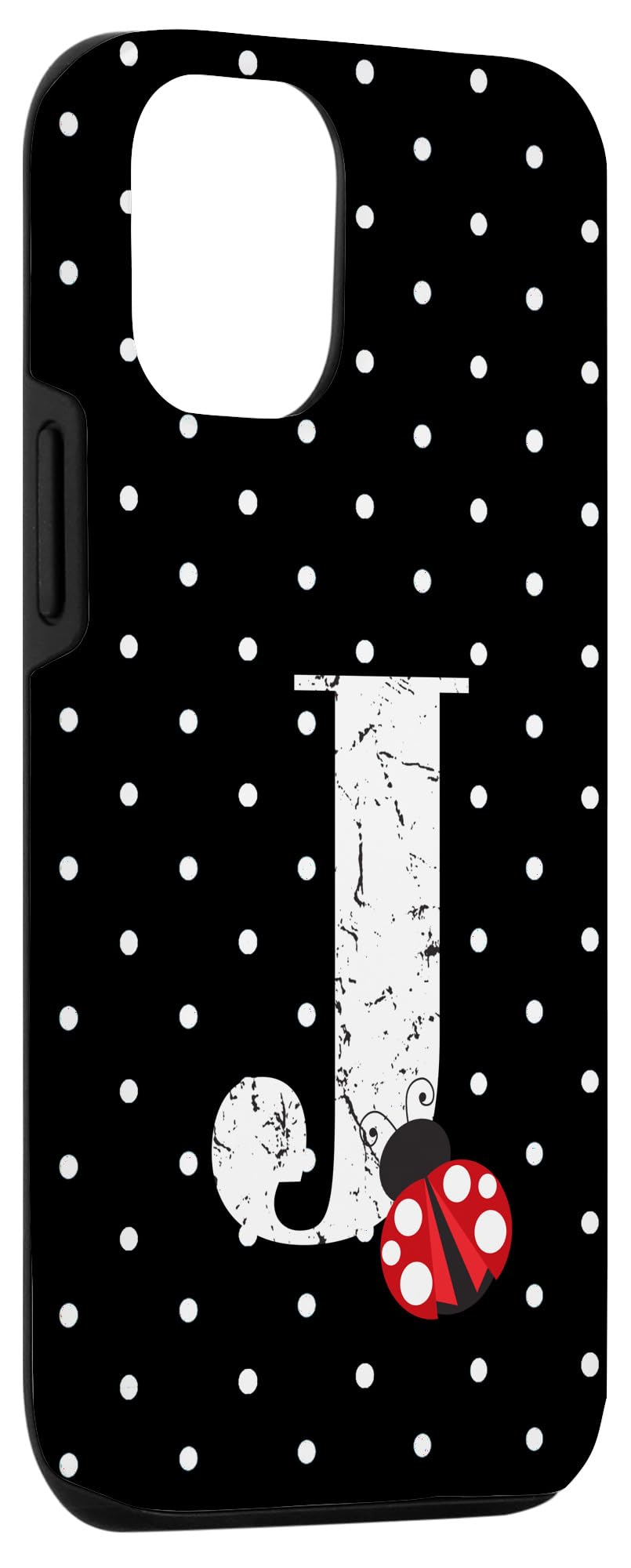 Custom iPhone 12/12 Pro Case - Ladybug Black & White Polka Dot Design with Monogram Letter J | Stylish Protective Cover for Work, Travel & Everyday Use