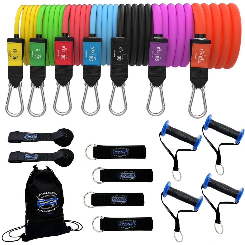 Bodylastics Resistance Band Set with Handles, Ankle Straps & Door Anchor - Heavy Duty Exercise Bands for Home Gym, Strength Training, Physical Therapy - Includes Carry Bag & Patented Snap Reduction Technology - Perfect for Full Body Workouts, Yoga, Pilates and Rehabilitation