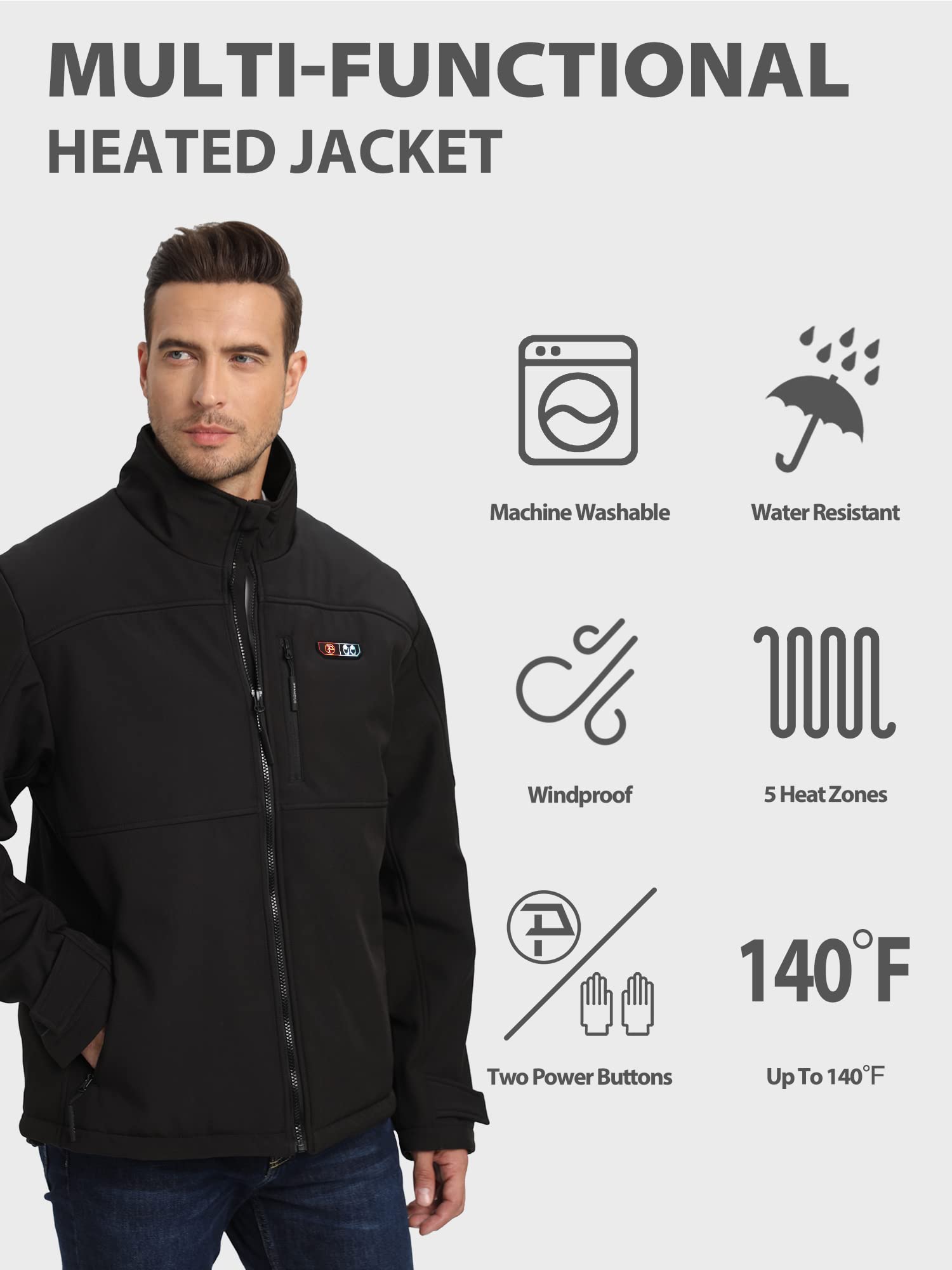 PTAHDUS Men's Heated Jacket with 5 Adjustable Heat Zones & Battery Pack - Winter Warm Jacket for Outdoor Activities, Skiing, Hiking & Work