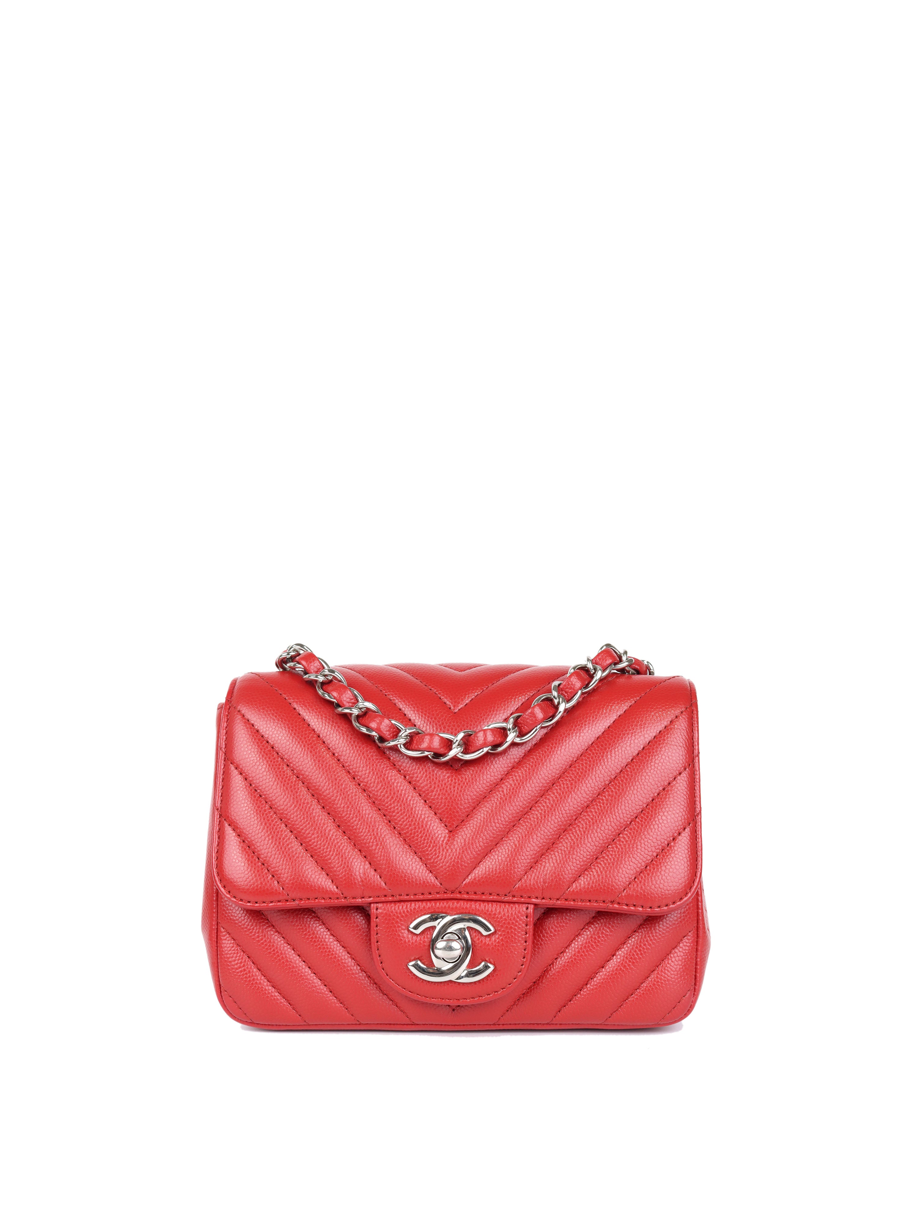 Chanel Red Caviar Chevron Mini Square Classic Flap Bag with Silver Hardware - Luxury Crossbody Purse for Women, Perfect for Evening Parties & Special Occasions