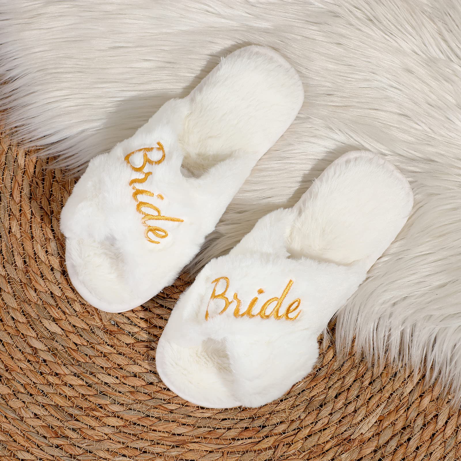 White Fuzzy Bridal Slippers for Wedding Day - Soft Plush Bride Slippers for Bachelorette Party, Bridal Shower Gift - Perfect for Getting Ready Photos & Wedding Morning Comfort