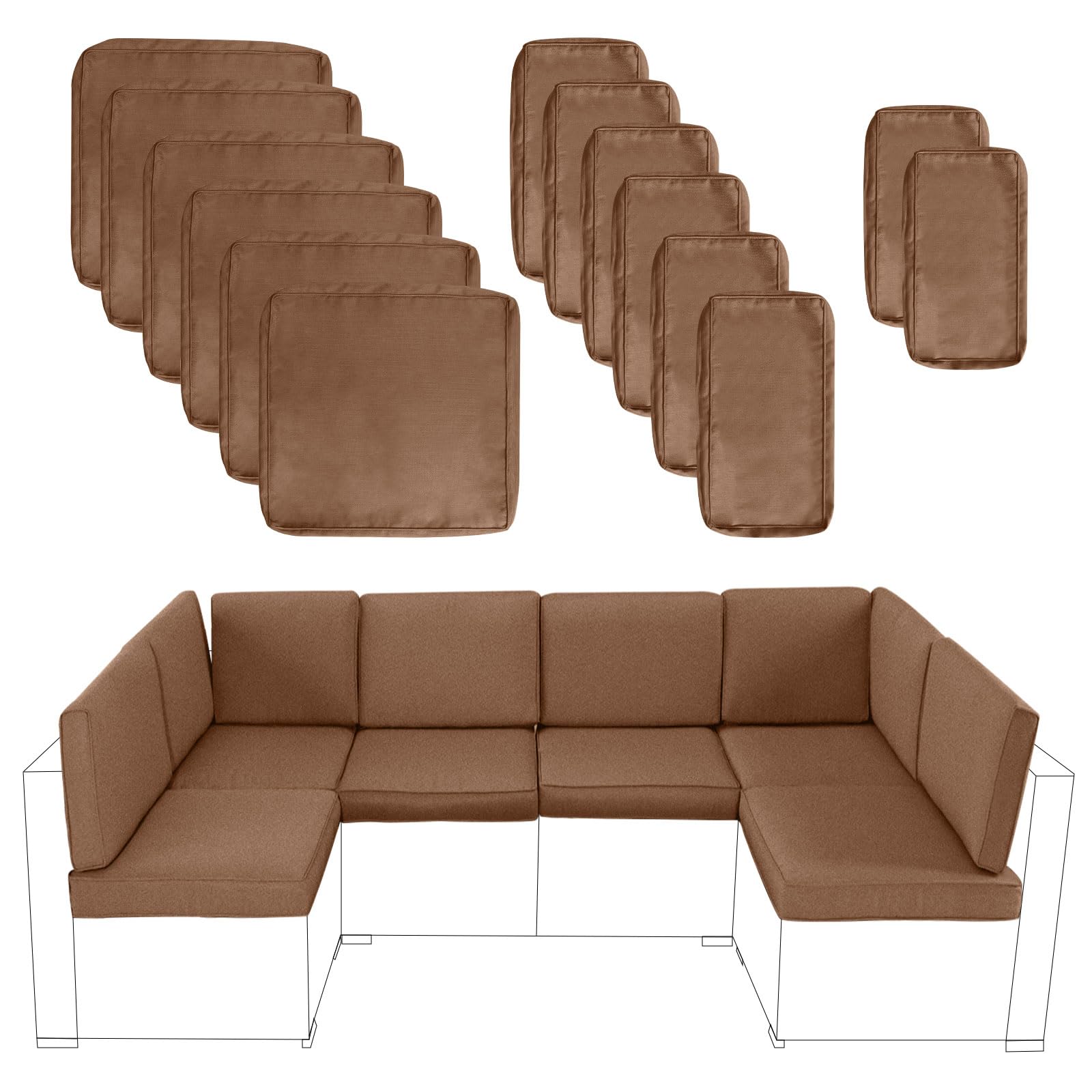 14-Piece Outdoor Patio Cushion Cover Set with Zipper - 6 Seat Covers, 4 Back Covers & 4 Side Covers - Replacement Slipcovers for Patio Furniture, Sofa & Outdoor Couch (Brown) - Weatherproof & UV Resistant for Deck, Porch & Backyard Use