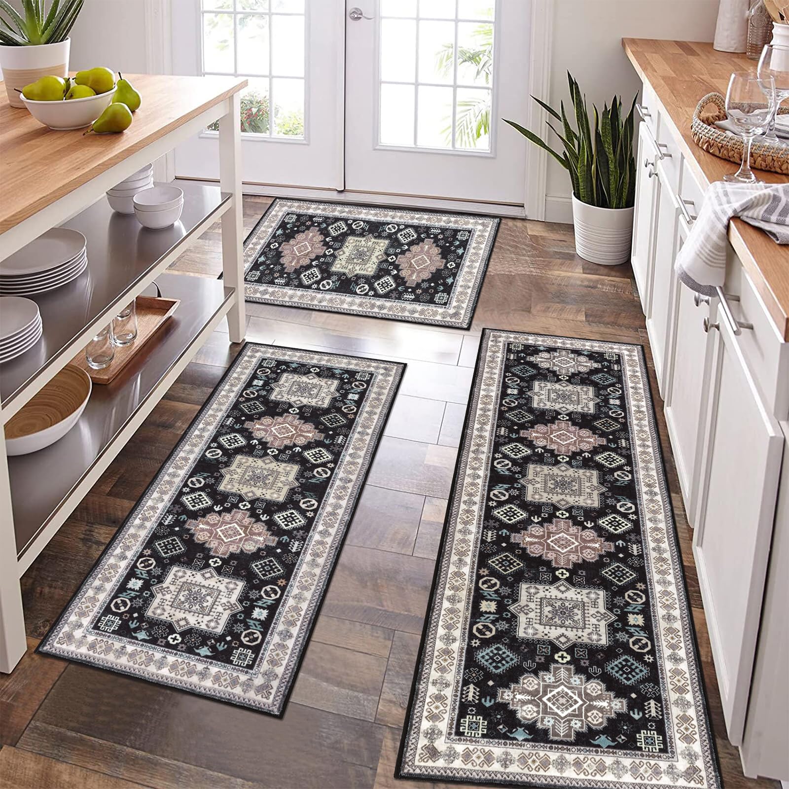Pauwer Farmhouse Kitchen Rugs Set of 3 - Non-Slip Washable Boho Runner Mats for Floor, Indoor Door Mat, Laundry Room Rug - Thick Kitchen Carpet for Cozy Home Decor (Perfect for Farmhouse, Cottage & Boho Style Kitchens)