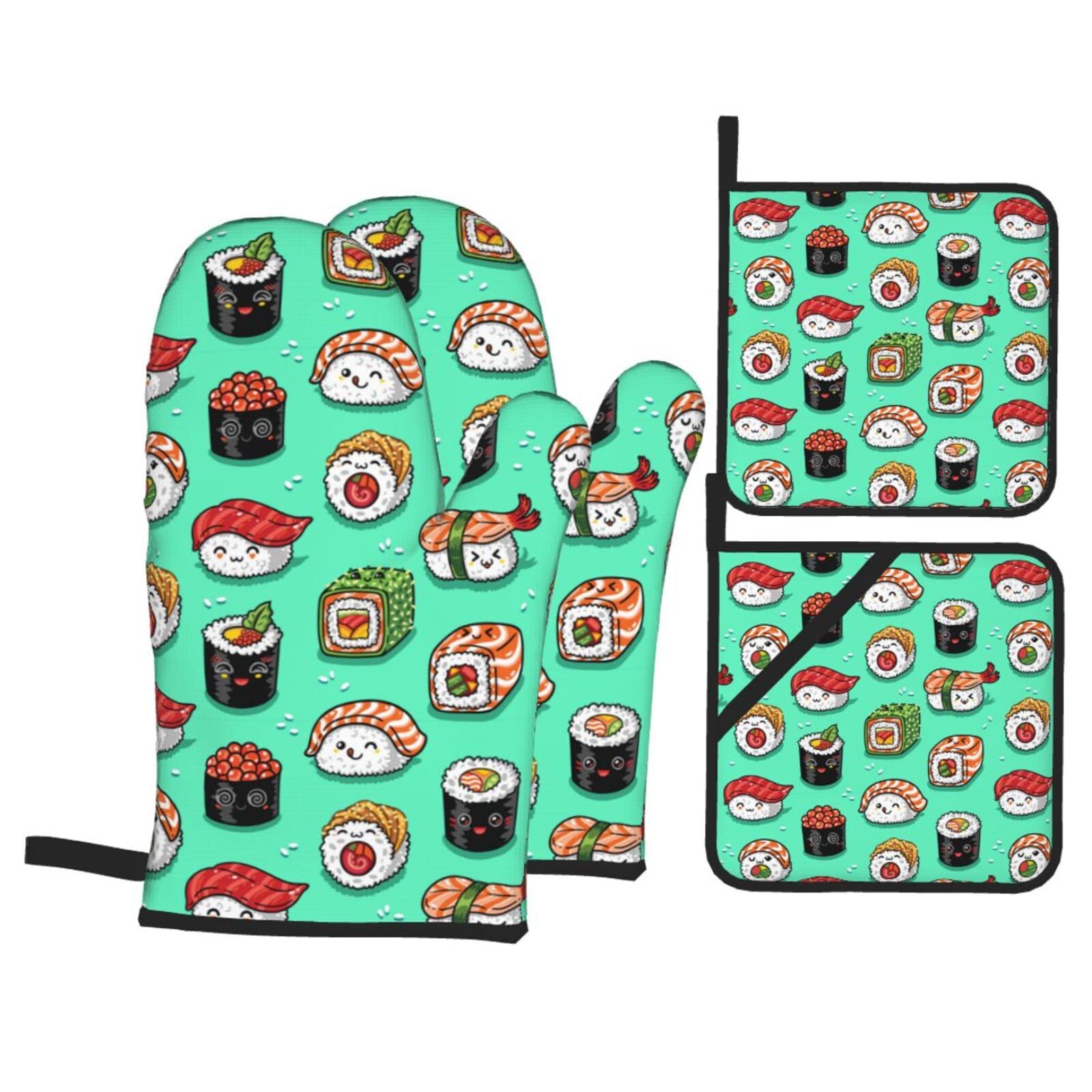 Kawaii Cartoon Sushi & Rolls Silicone Oven Mitts - Heat Resistant Non-Slip Kitchen Gloves & Pot Holders Set - Safe for Baking, Cooking, Grilling - Perfect for Anime Lovers & Japanese Food Enthusiasts
